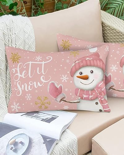 Miniatura 6 de Fundas de almohada de Navidad de muñeco de nieve rosa de 16 x 24 pulgadas, fundas de almohada rectangulares de invierno con copos de nieve de