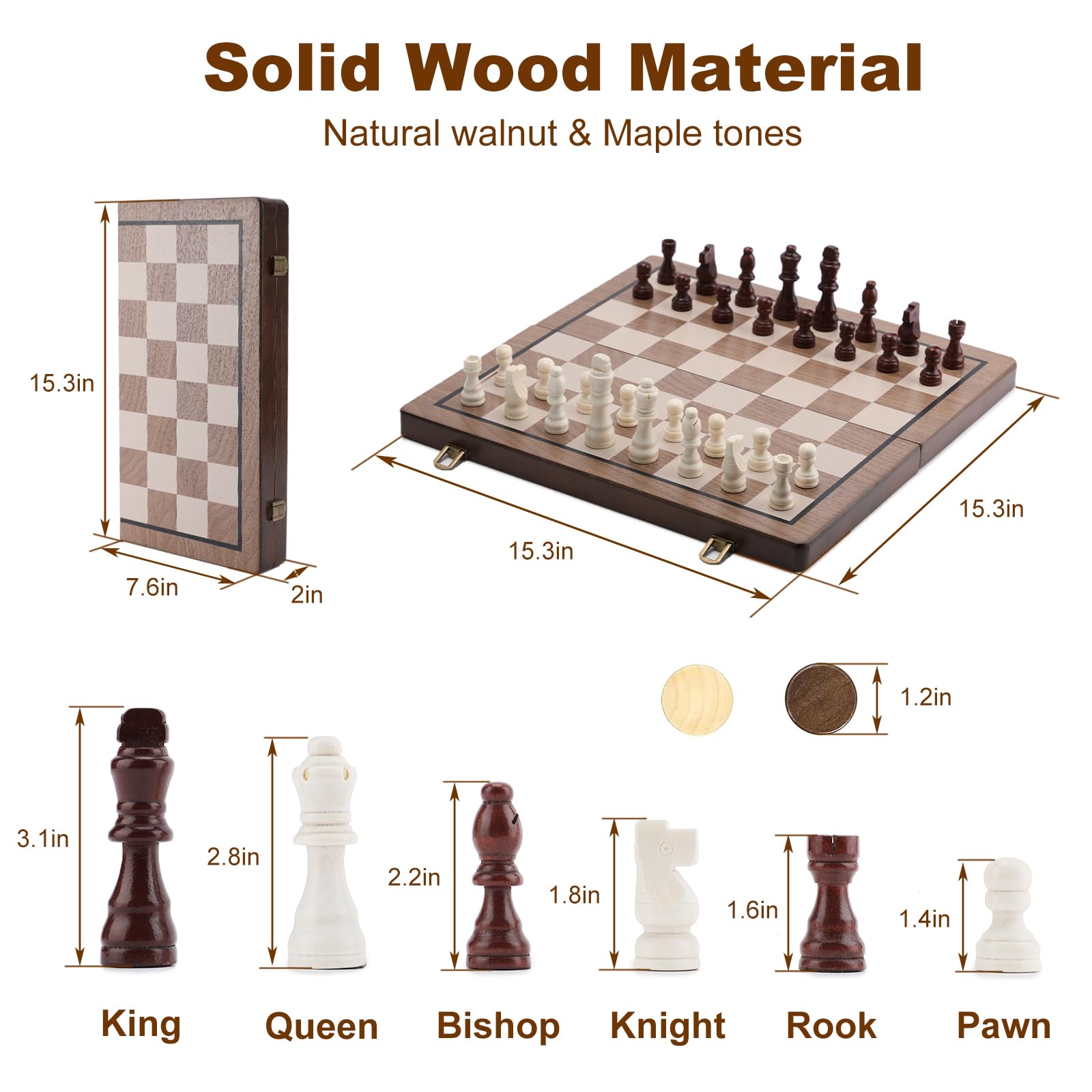 Jeu d'échecs magnétique en bois de 38,1 cm avec planche pliante et fente de rangement pour pièces d'échecs, ensemble de jeu d'échecs portable fait à la main pour enfants, adultes, débutants et