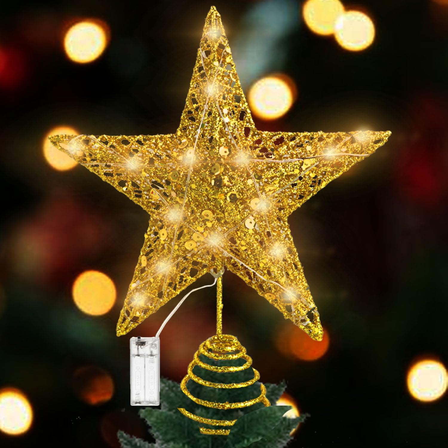 Estrella Arbol de Navidad Led,20 * 25 * 5.5cm Estrella Arbol de Navidad con Luz,Alimentada por Pilas Base Espiral,para Interiores y Decoracion Festival Hogar,Fiesta,Salón,Jardín