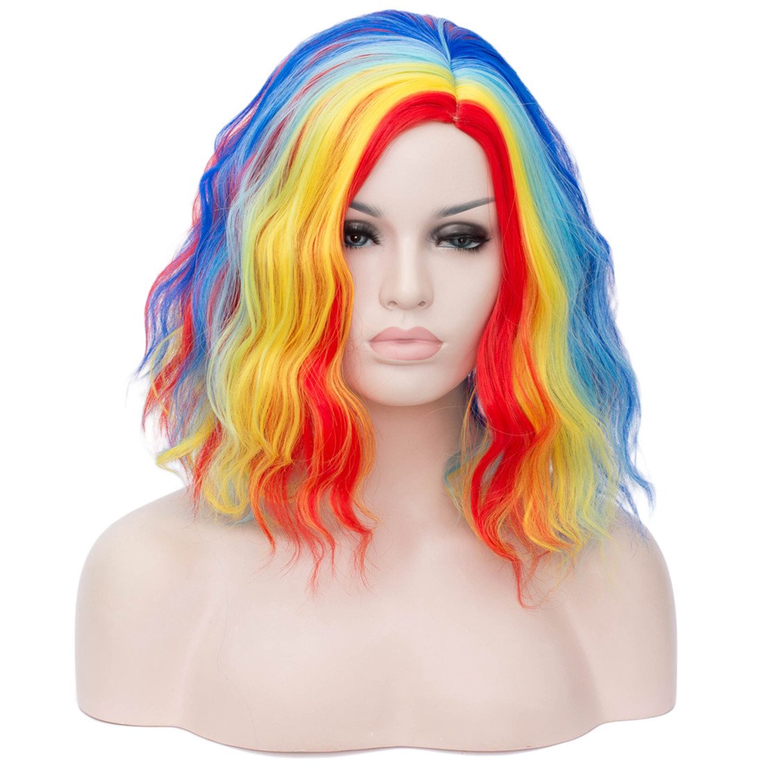 Cying Lin Short Bob Wavy Curly Wig Rainbow colored Wig For Women Cosplay Halloween Wigs Heat Resistant Bob Party Wig Include Wig Cap (Rainbow colored)