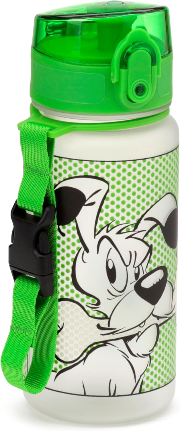 Puckator Idefix (Dogmatix) Pop Asterix Top 350ml Shatterproof Children's Bottle - Reusable Insulated Active Water Bottle Flask For Girls And Boys With A Carry Handle & Straw - For School Nursery