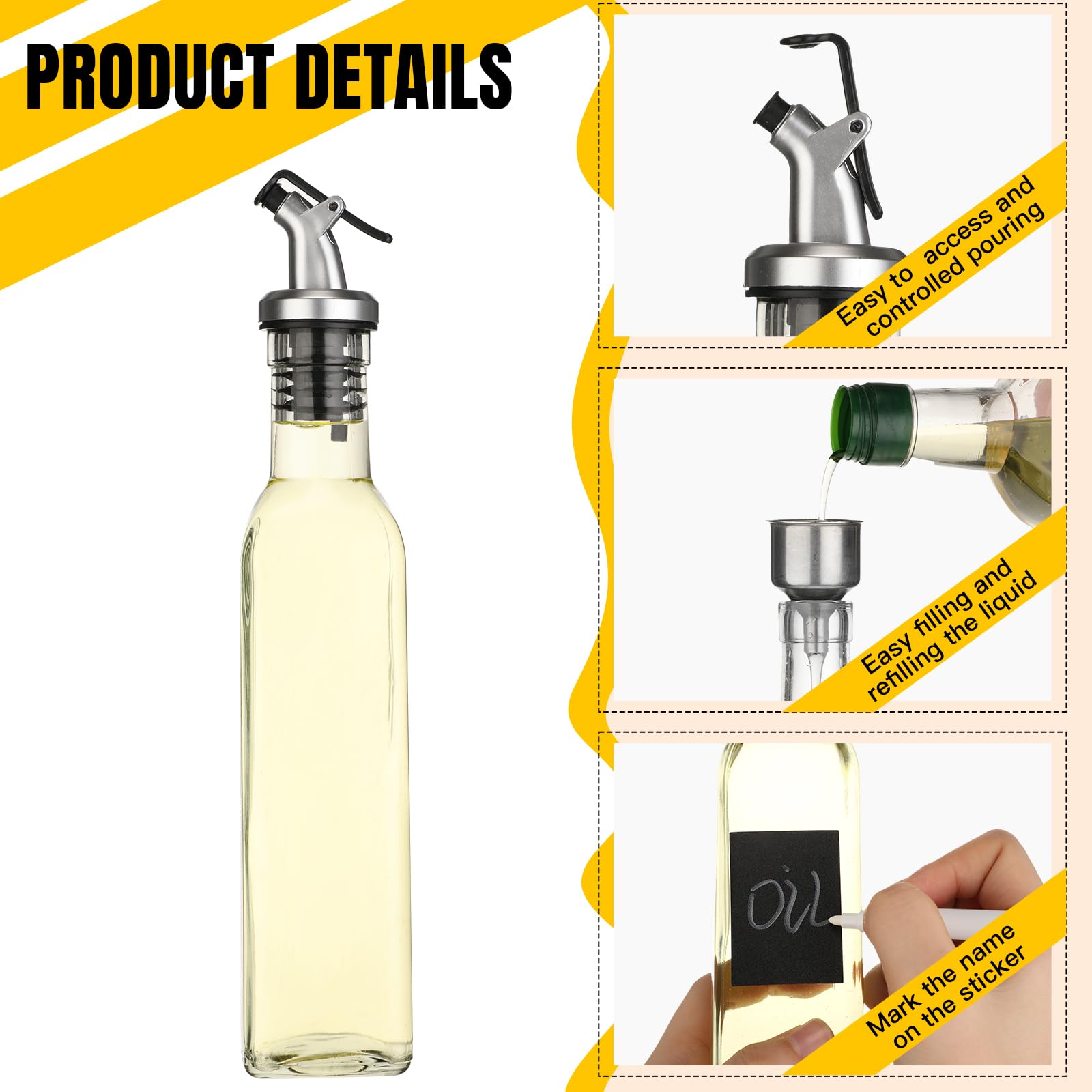 Uiifan Olivenöl-Flaschenspender-Set, Öl- und Essigspender, Glasbehälter mit 10 Ausgießern, 1 weißen Markern, 1 Metalltrichter, 1 Bürste und 16 leeren Etiketten für Küche, Kochen, 10 Stück
