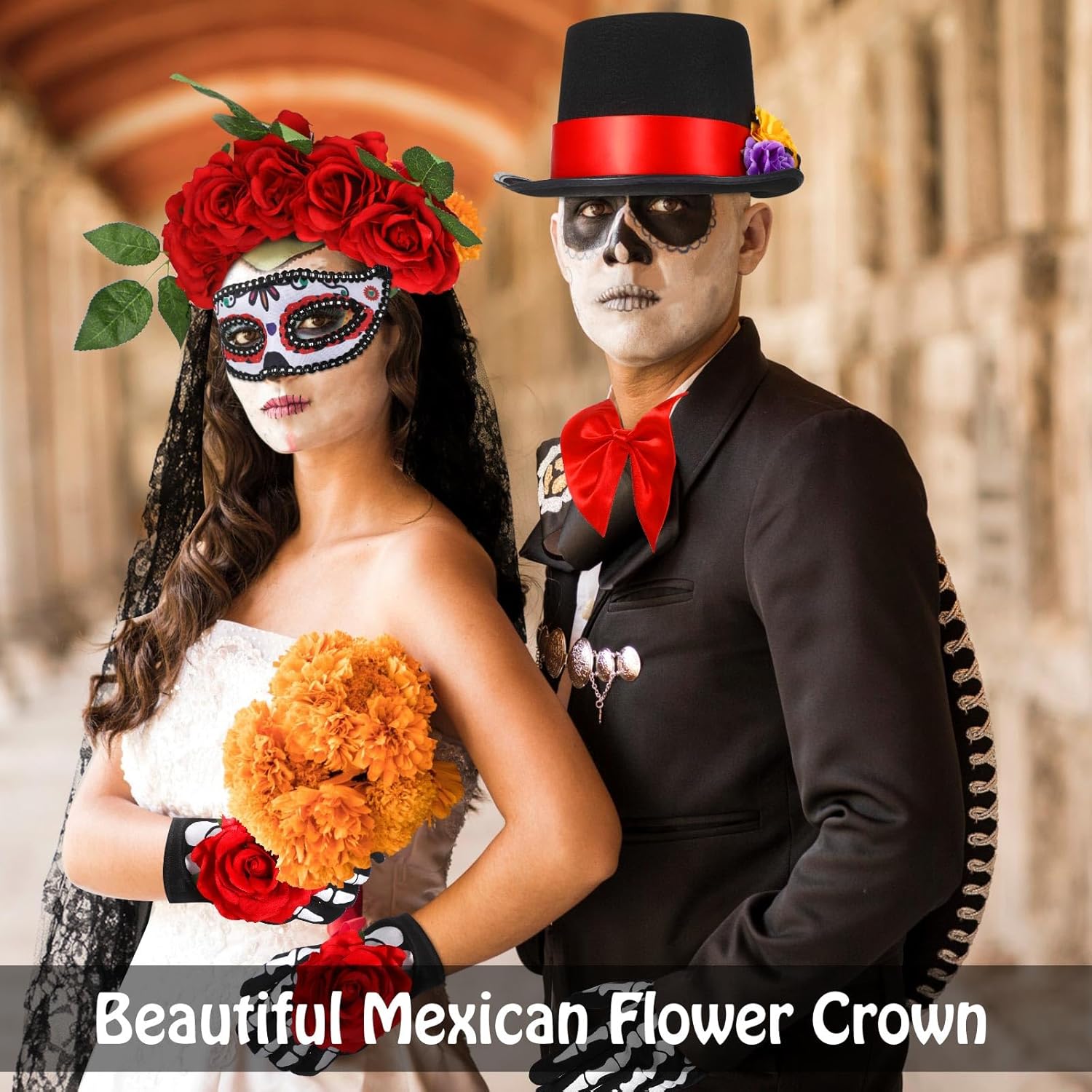 Tigeen 7 Pieces Halloween Day of the Dead Costume Accessories Set for Men and Women Skeleton Rose Couple Costume Skeleton Gloves Men's Hat Bow Tie Rose Floral Crown Veil Hair Clip - Image 3