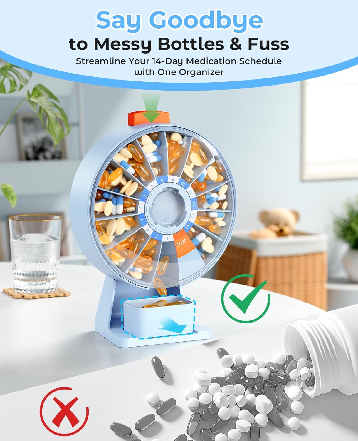 daviky pill dispenser daily, large pill organizer with wall-mounted or standing use, 14 days pill container, push button design, weekly pill box for vitamin, medicine,supplement, fish oil(blue)