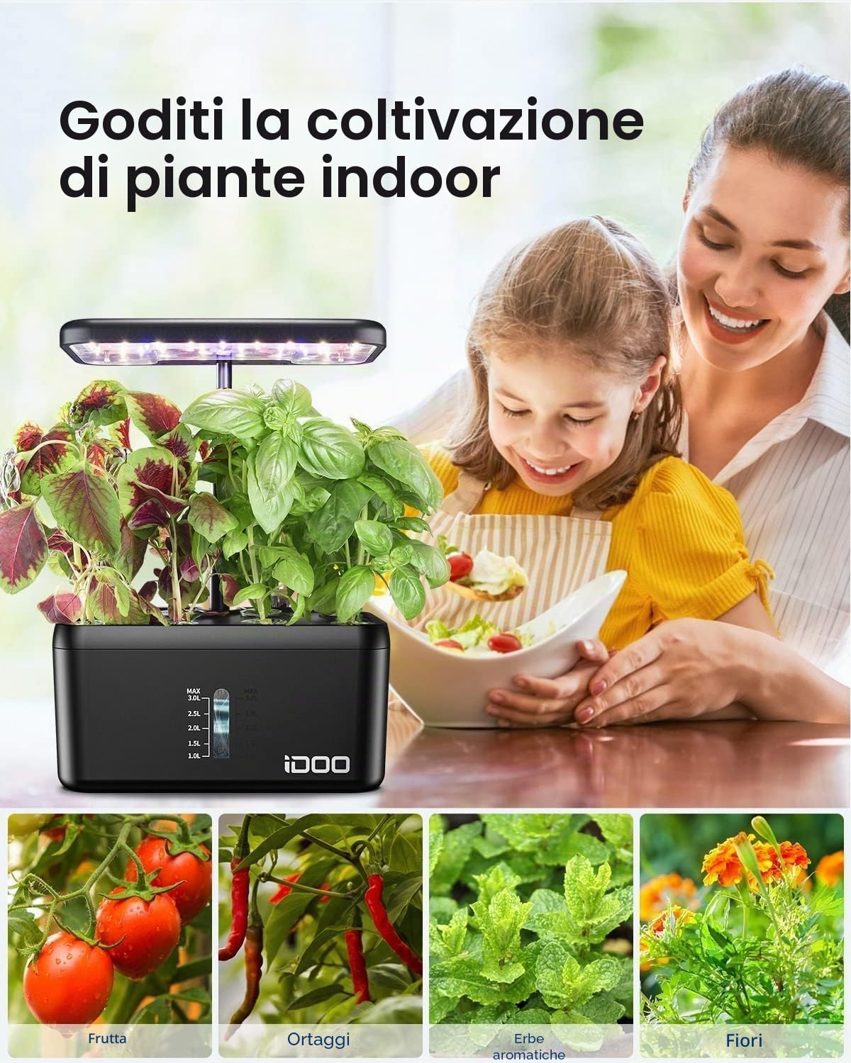 iDOO regalo festa della mamma, coltivazione idroponica, giardino intelligente con timer automatico, 8 baccelli serra idroponica smart indoor garden con lampada di coltivazione a LED, kit germinazione
