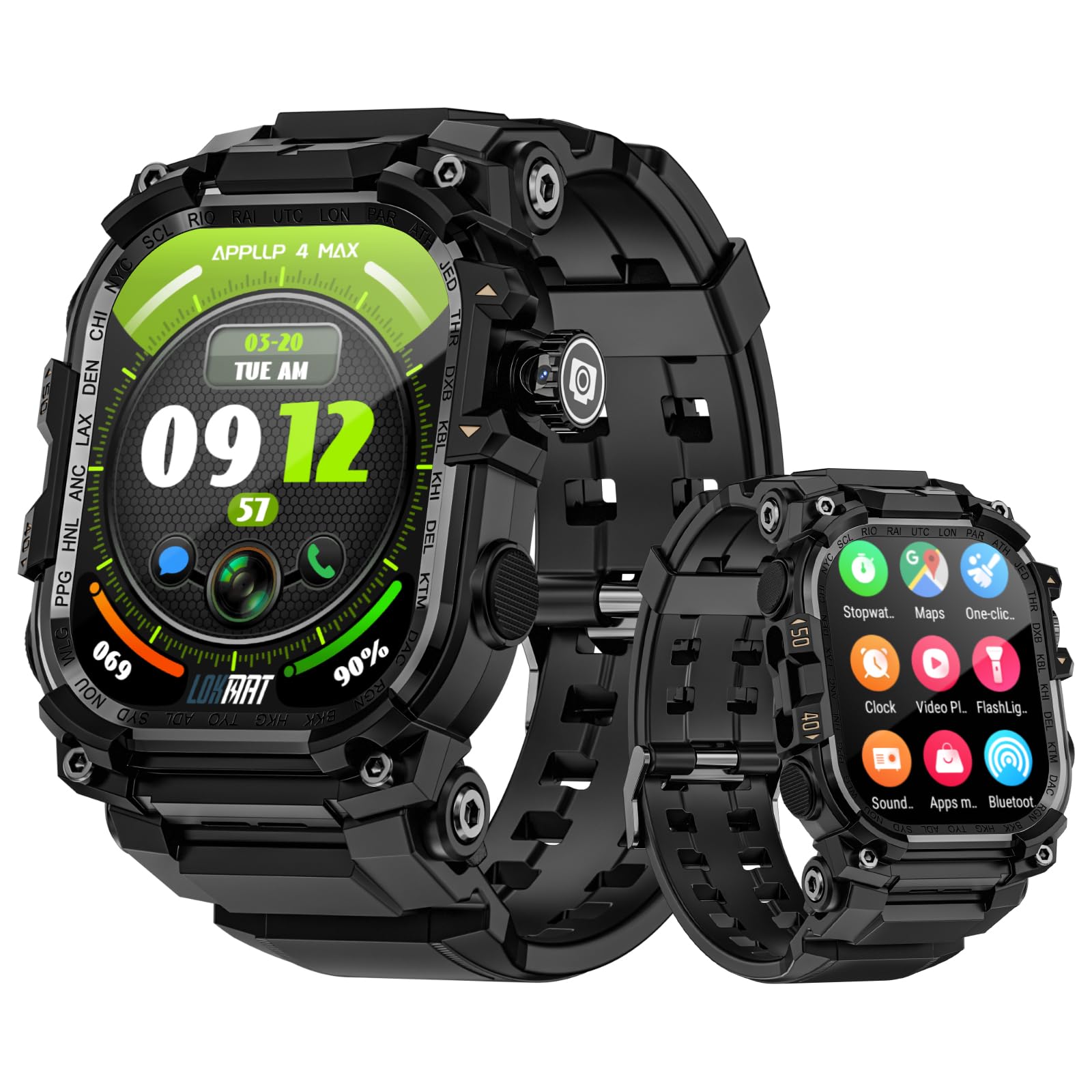 LOKMAT Montre intelligente 4G avec grand écran AMOLED 2,06", 3 Go + 32 Go, pour homme, militaire, robuste, sport, Android, montre connectée avec GPS, appareil photo rotatif, montre de fitness pour