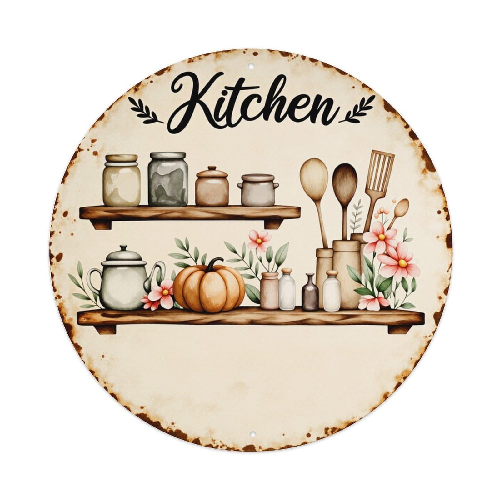 Kitchen Shelves Jars Pumpkins Spoons Flowers Teapot Round Vintage Tin Sign,Retro Wall Art,Metal Poster for Home, Bar, Garage, Cafe, Rustic Indoor & Outdoor Decor, 8x8 Inches