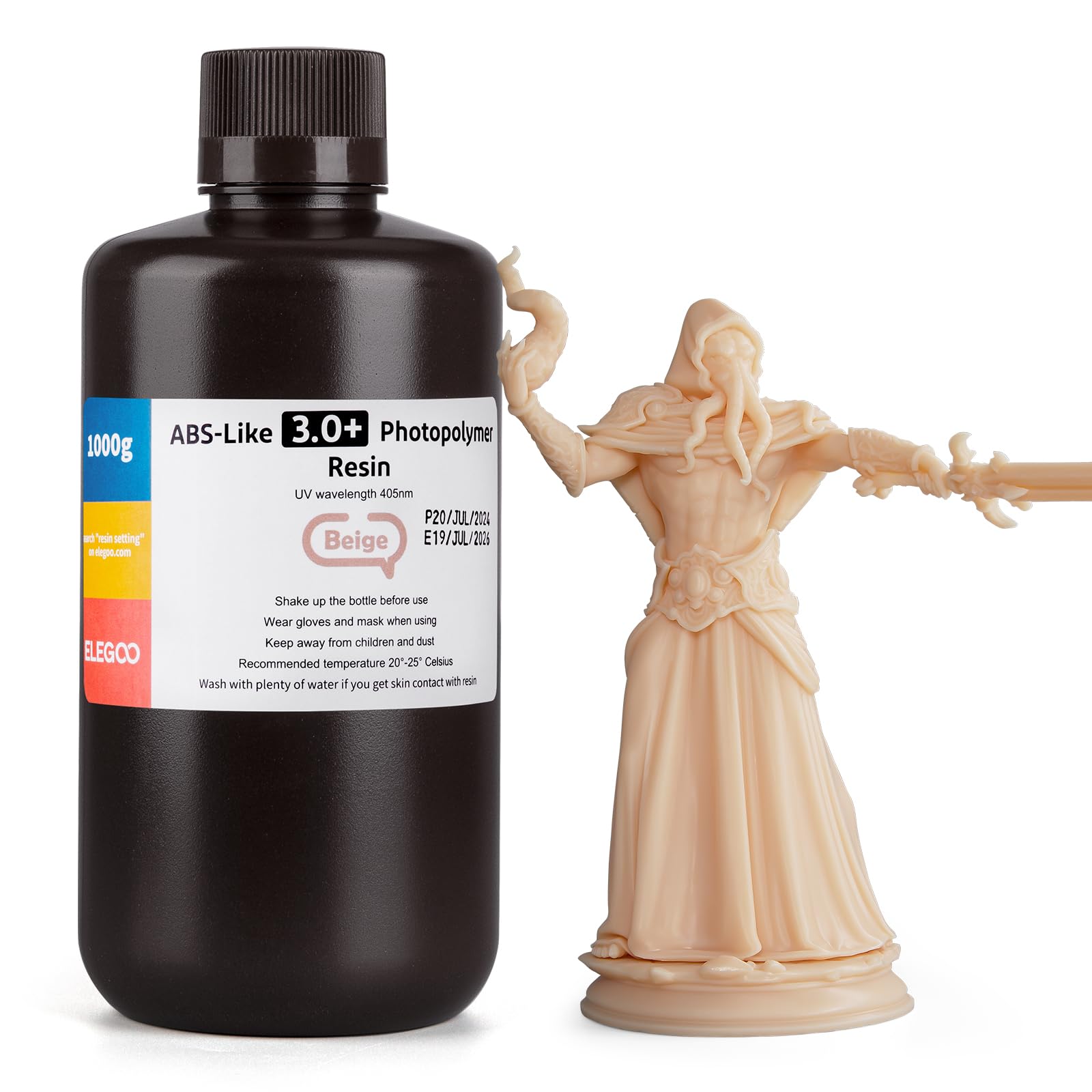 ELEGOO ABS-Like Resin 3.0 Plus, Ulepszona Żywica Fotopolimerowa do Drukarek 3D, Wyższa Odporność Na Ciepło, Szybkie Utwardzanie, Wysoka Precyzja, Niełamliwość, 1000g Beżowy