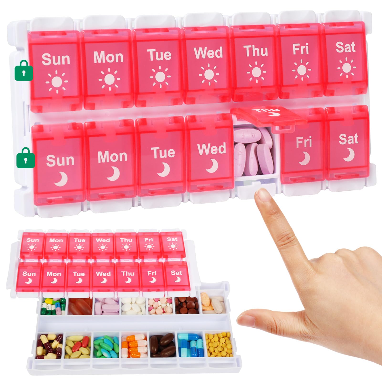 Shintop Weekly Pill Organizer 2 Times Pink Pill Box Push Button Daily Vitamin Case Easy Fill Morning Night