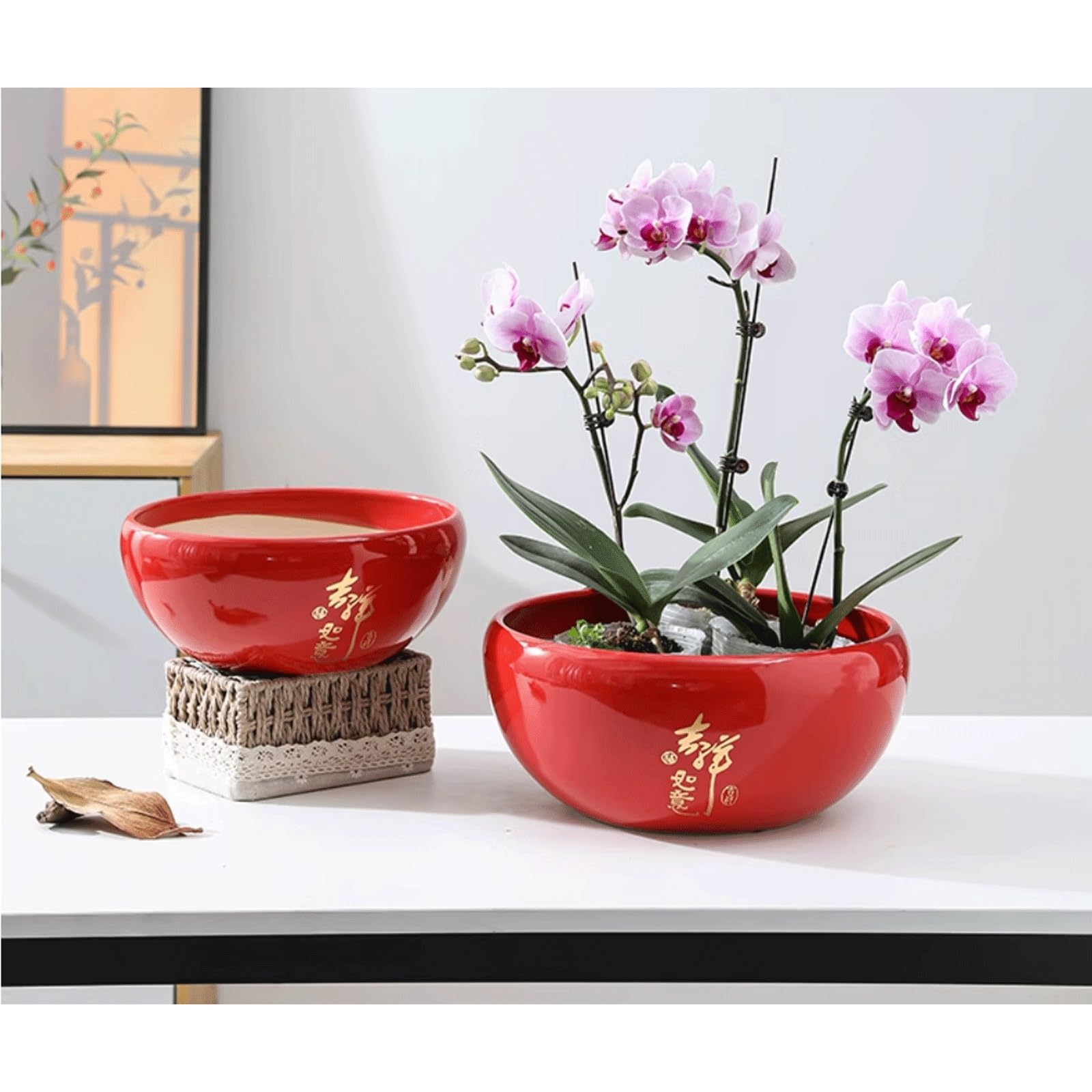Dekoracyjna ceramiczna doniczka wewnętrzna z otworami drenażowymi i spodkiem z tworzywa sztucznego, okrągła, duża, płaska, na sukulenty, glazurowana ceramiczna doniczka na kwiaty na storczyki na