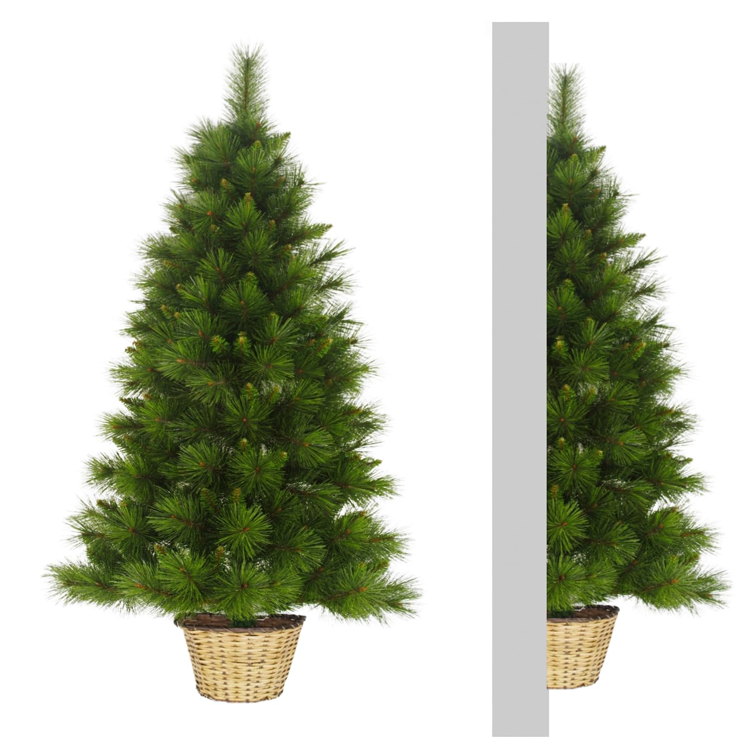 Marvin Albero di Natale da Parete Muro, Effetto Realistico Richiudibile Apertura ad Ombrello Facile da Montare Decorazioni Natalizie Folto Verde, a Metà con Vaso in Rattan e Borsone (120 CM)