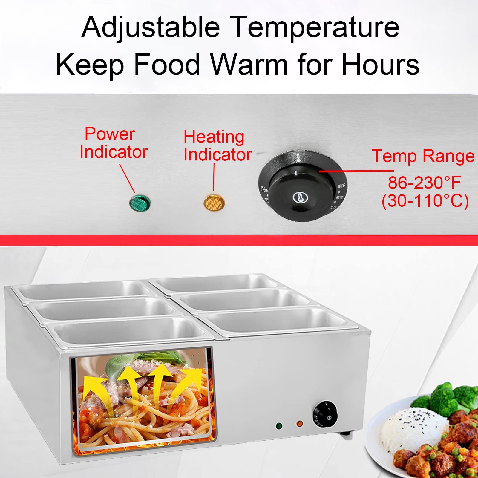 Scaldavivande Elettrico, scaldavivande Elettrico da 1500 W, Tavolo da Buffet in Acciaio Inox con Controllo Temperatura e Coperchio Feste, Catering, ristoranti