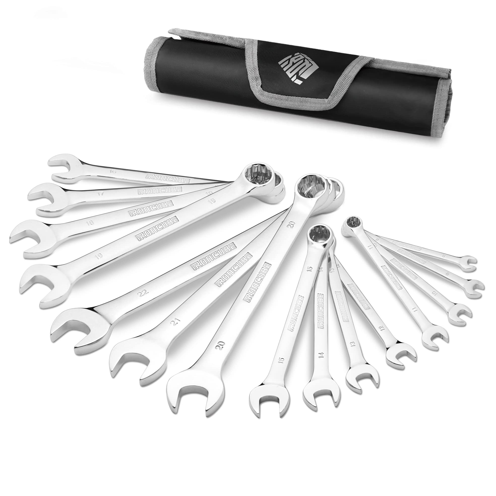 ironcube 15-Piece Metric Combination Wrench Set With Carry Bag, Long Pattern, Chrome Vanadium Steel, Mirror Polished, 8-22MM