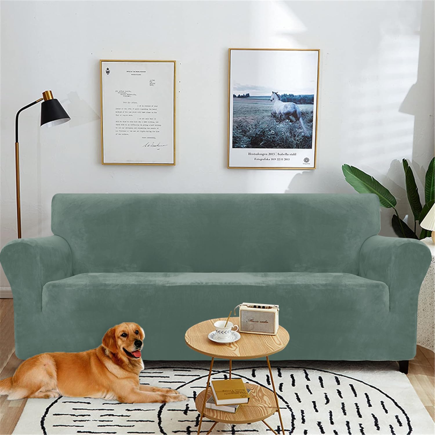 YSTELLAA Copridivano Velluto 3 Posti Con Braccioli, Copridivani Antigraffio Gatto, Fuzzy Copri Divano Elasticizzato Elastico, Universale Sofa Cover Antimacchia Lavabile Antiscivolo, Verde Chiaro