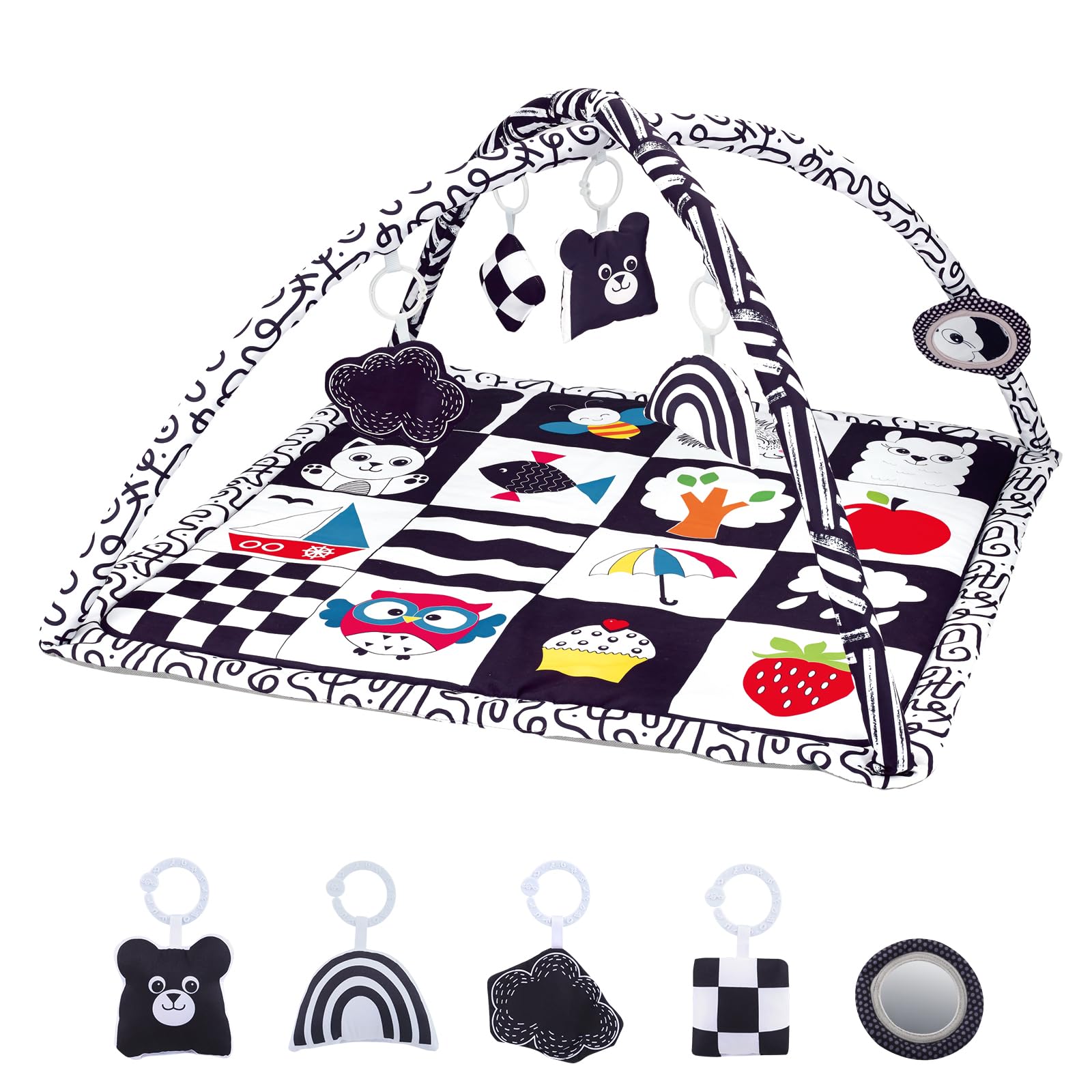Baby Play Mat, Baby Gym Play Mat for Babies 0-6 Months Infant Tummy Time Mat Activity Gym, Black & White Baby Gymini Playmat, Foldable Nursery PlayMats, Newborn Baby Toddlers Toys Gifts