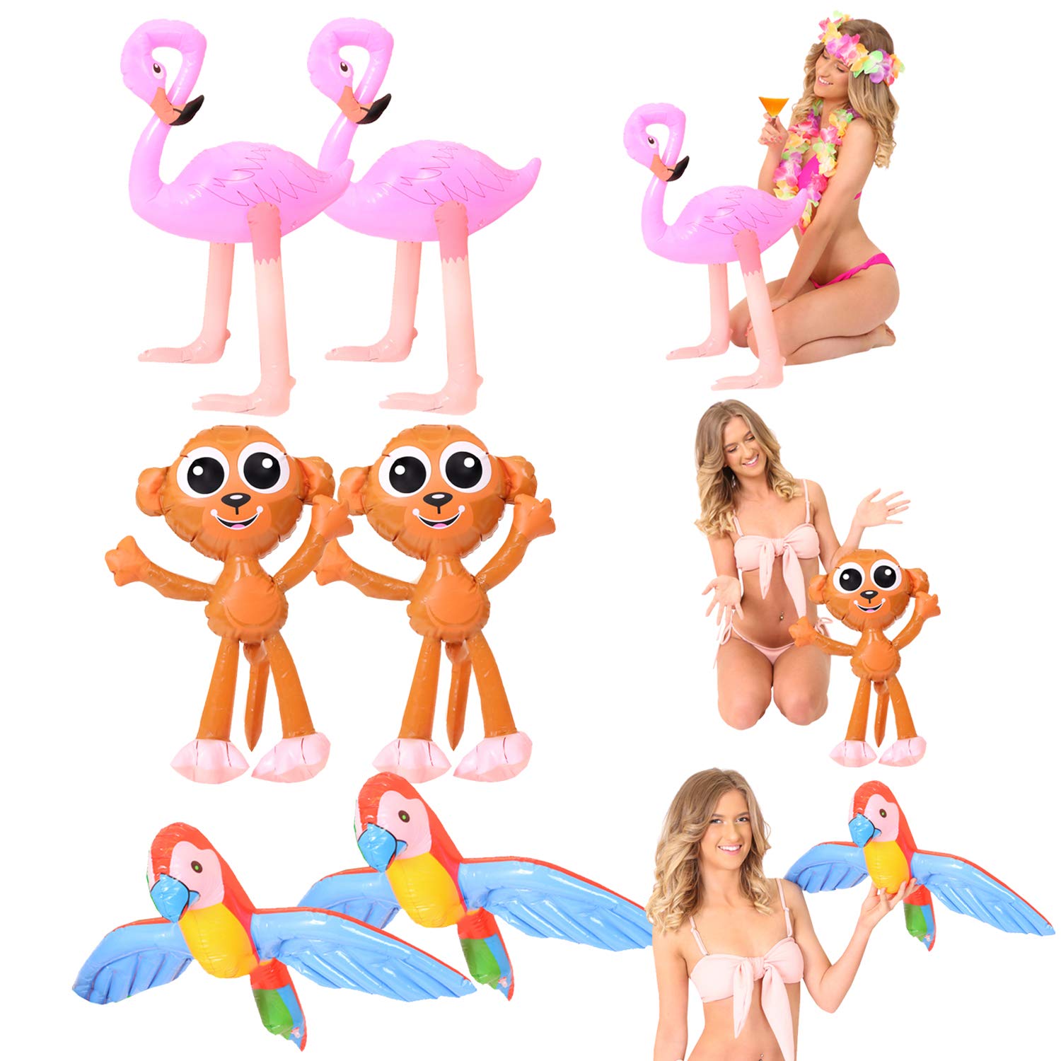 INFLATABLE ANIMAL PACK - 2X INFLATABLE PARROT, 2X INFLATABLE MONKEY & 2X INFLATABLE FLAMINGO - SUMMER PARTY FANCY DRESS DECORATION TROPICAL HAWAIIAN PARTY PROP