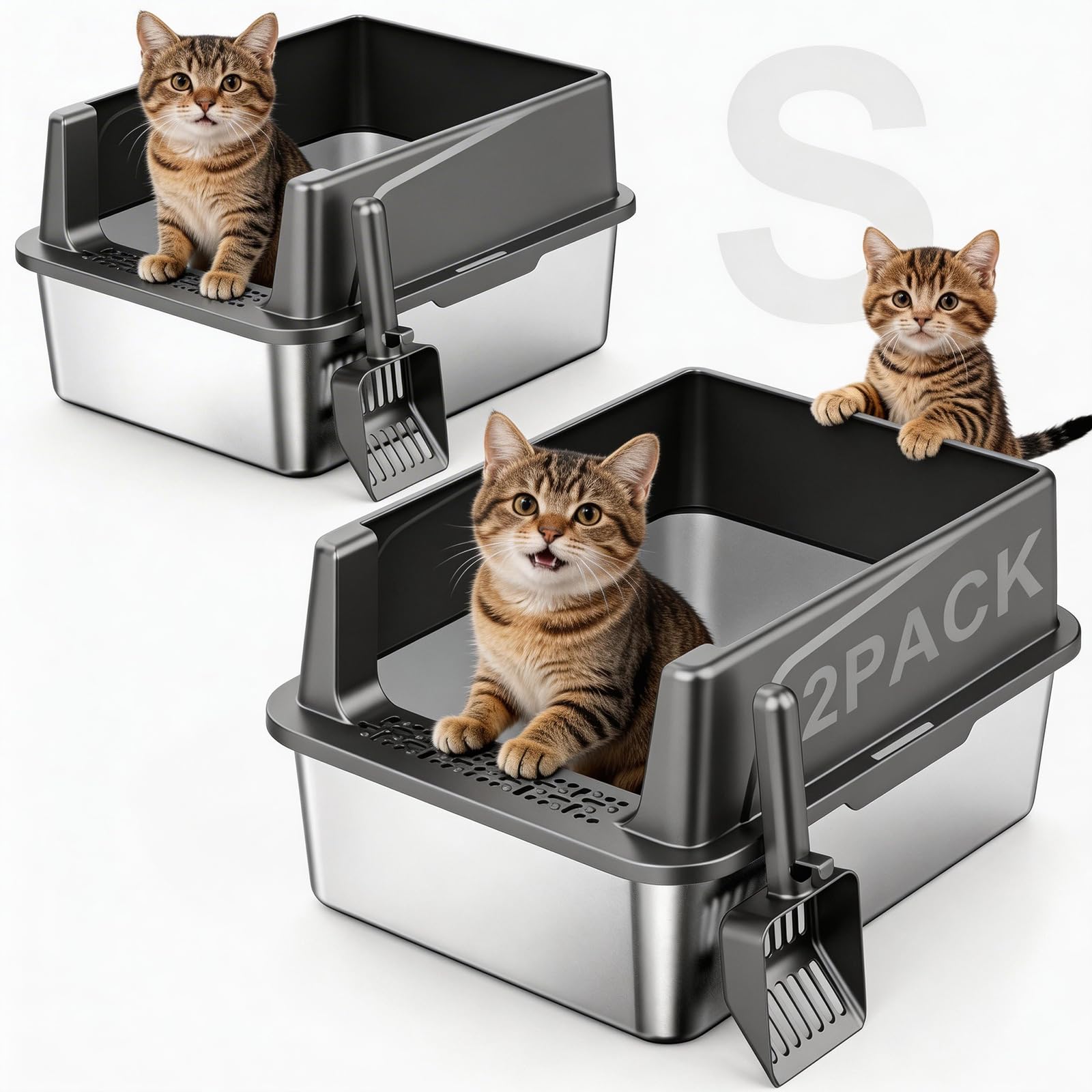 FURTIME 2 Pack Stainless Steel Cat Litter Box with Lid, Metal Kitty Litter Box for Small Cats, Kitten Litter Boxs with N