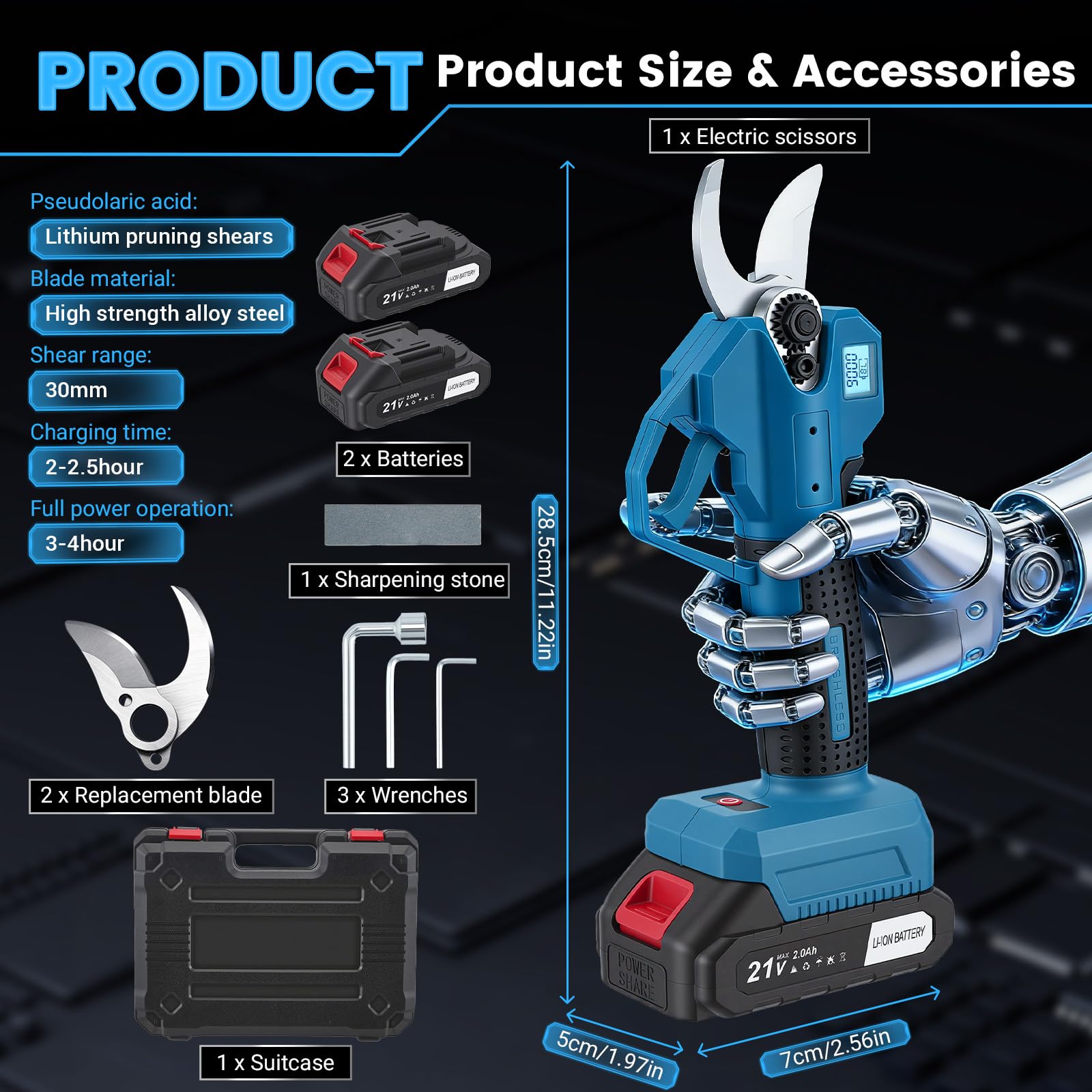 Tijeras de podar y podar con batería de 21 V, 2 en 1 con 2 x 2600 mAh, 18000 rpm, grosor de corte de 8 mm, tijeras eléctricas ligeras para setos y bordes de césped (azul)