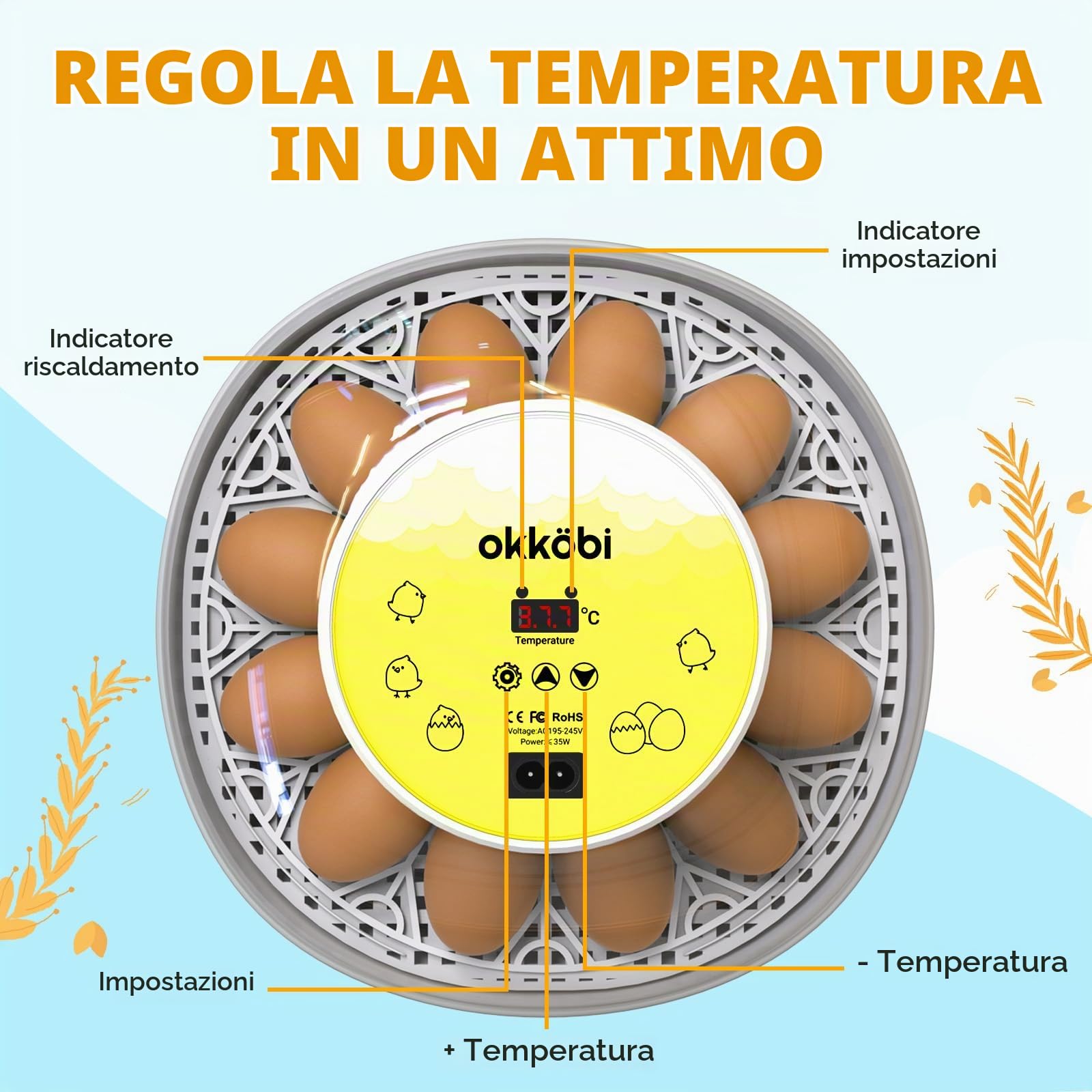 M12 - Incubatrice Uova Gallina, Facile da Usare e Pulire, Vista a 360 | Automatica con Girauova Automatico e Controllo Umidità, Precisi della Temperatura, Versatile e Spaziosa - Bianco e Giallo