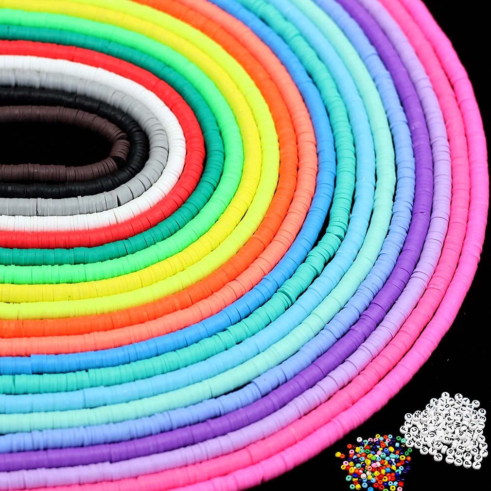 Clay Beads 20 Strands Vinyl Chip Disc Flat Round Loose Handmade Polymer Fimo Spacer Beads Mutilcolor DIY for Jewelry Making Necklace Bracelet Anklet Earring (6mm 7600Pcs + 420Pcs Accessories)