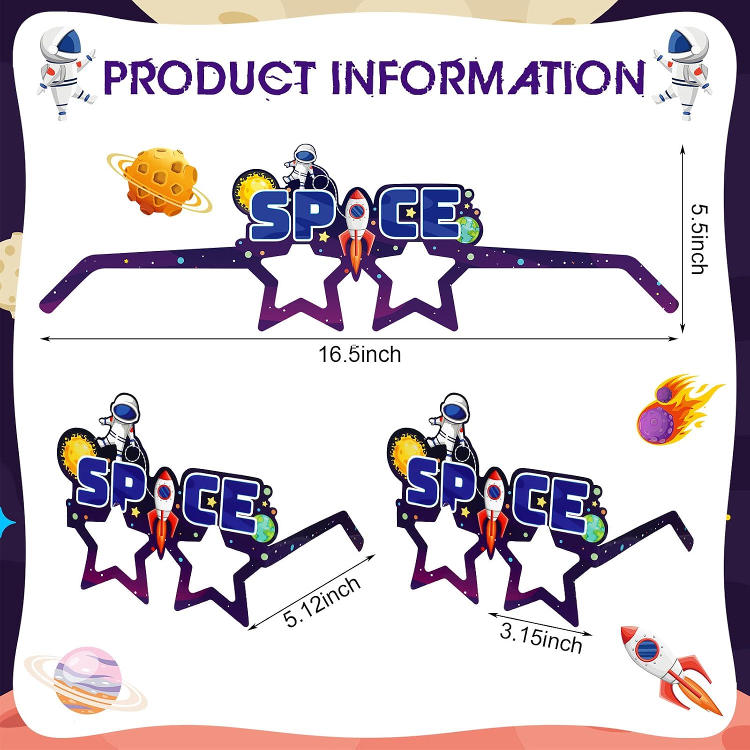 36 Pcs Space Paper Glasses Favors, Kids Astronaut Rocket Parties