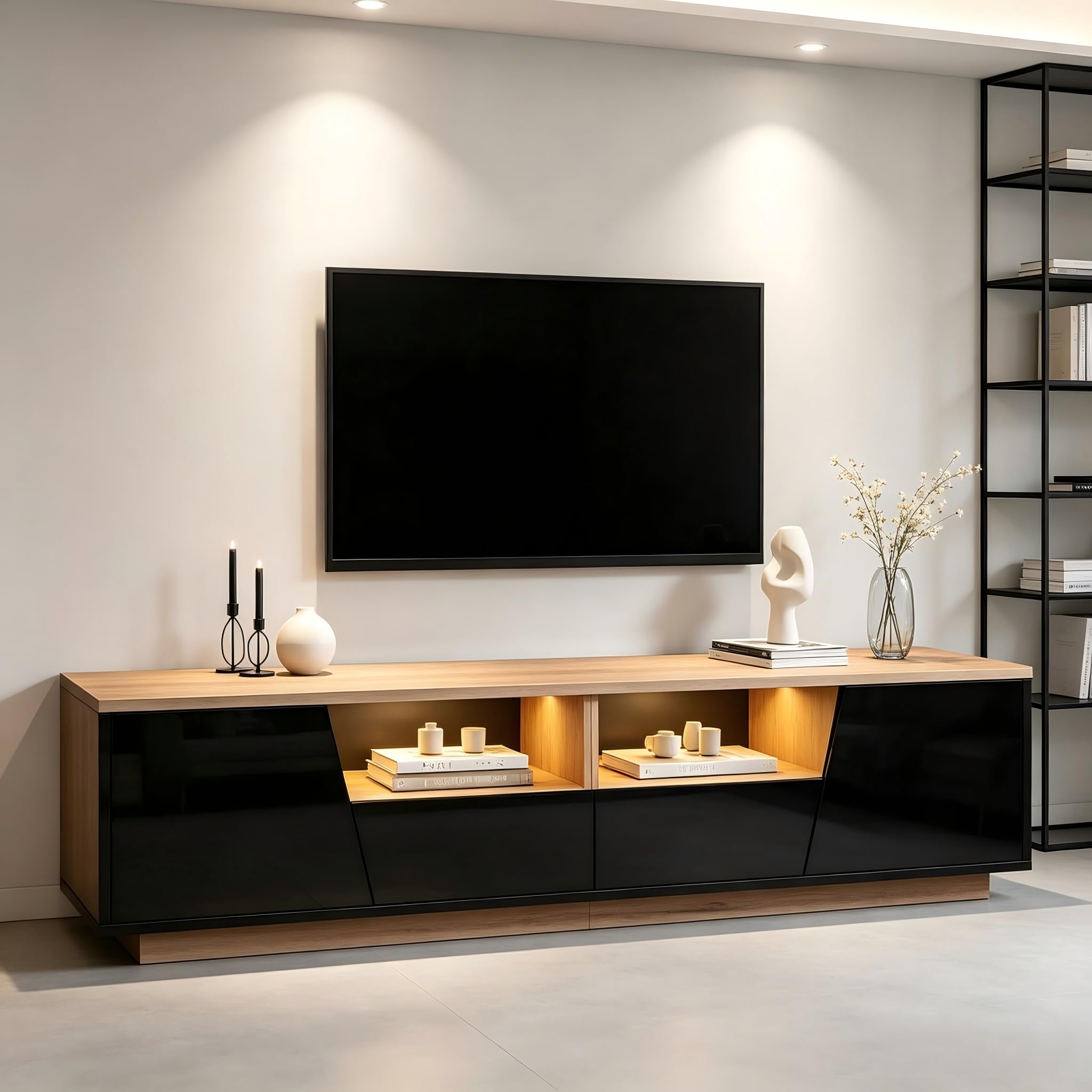 Mueble bajo para TV con LED, 180 cm, color negro natural