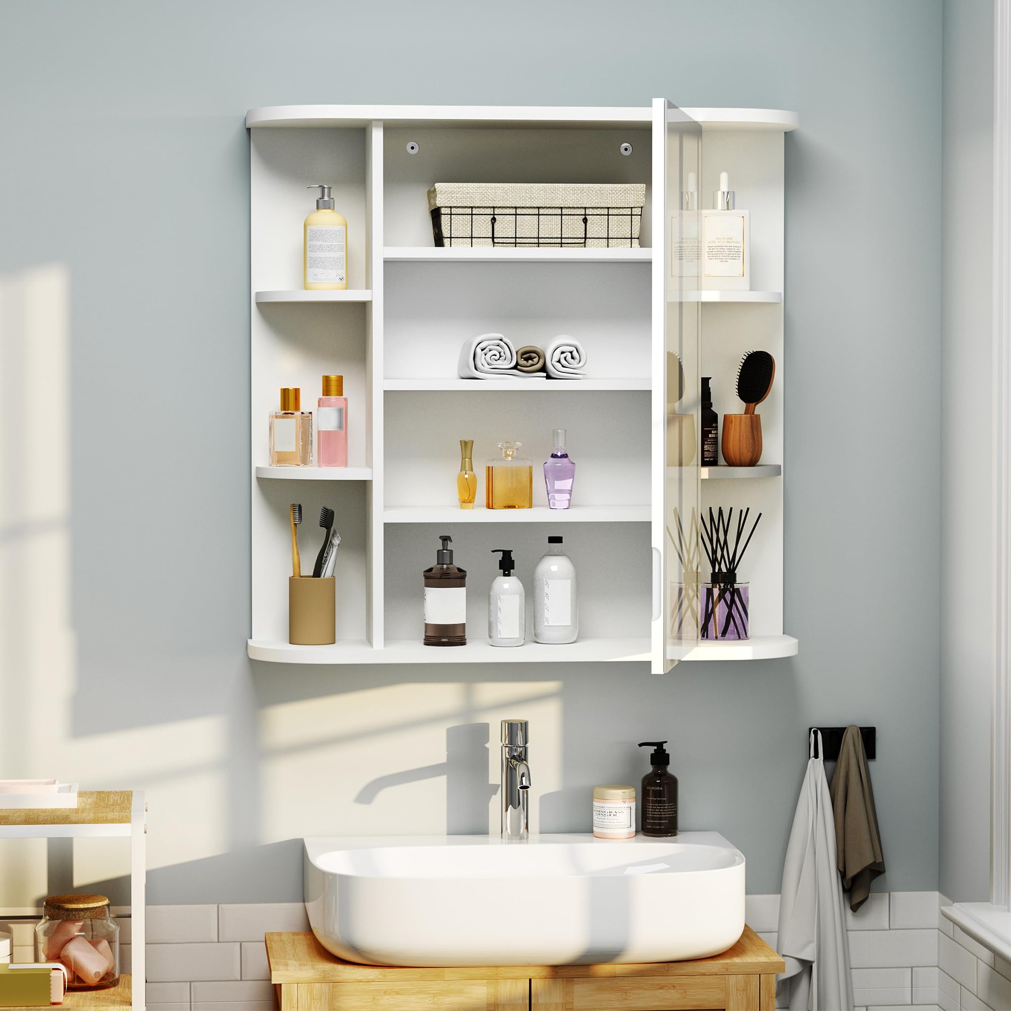 Pamapic Mobile Bagno con Specchio, Mobiletto Pensile Bagno,Scomparto Aperto, Mobiletto da Muro, Ripiani Regolabili, Soggiorno, Camera da Letto, 67,5 x 60 cm, Bianco