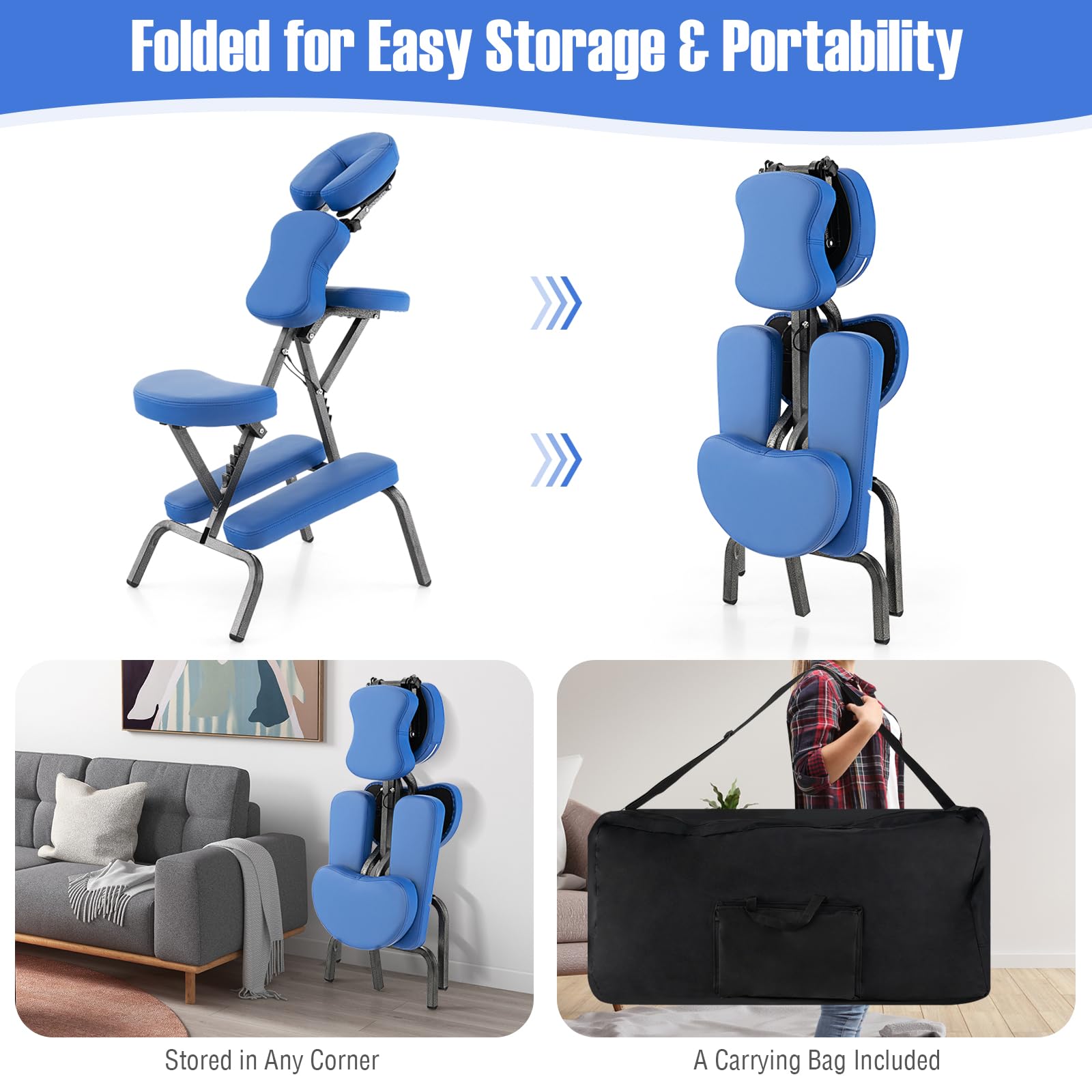 GOPLUS - Silla de masaje plegable con altura ajustable 110-120 cm, cojín con 24D esponja elástica de buena recuperación, diseño ergonómico, bolsa de transporte, carga 150 kg (azul)