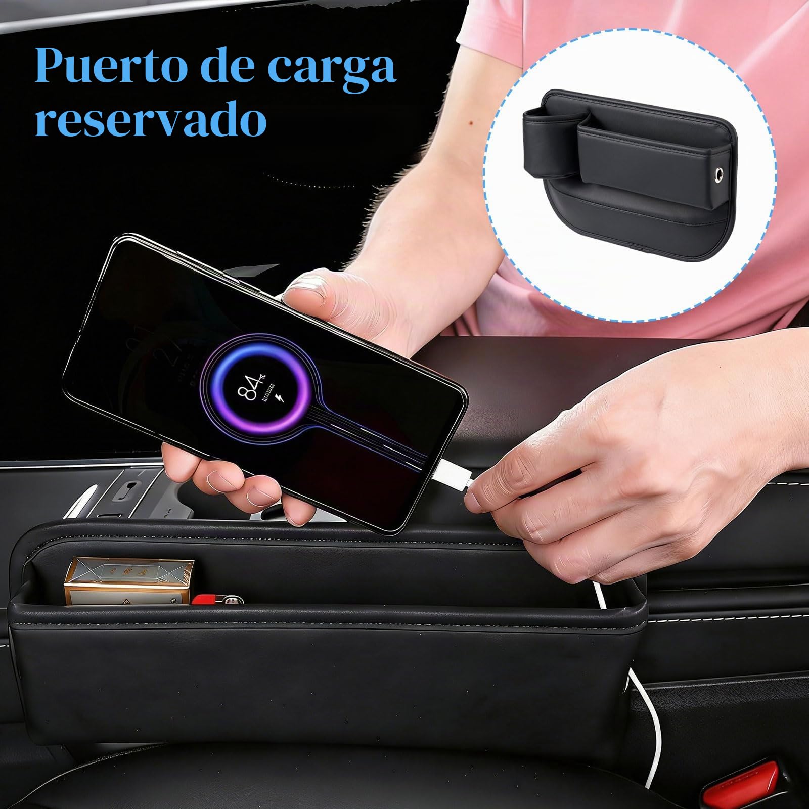 Organizador de Automóvil Consola Central, 2 Pack de Organizadores de Asiento de Coche de Cuero para Teléfono, Llaves, Gafas de Sol
