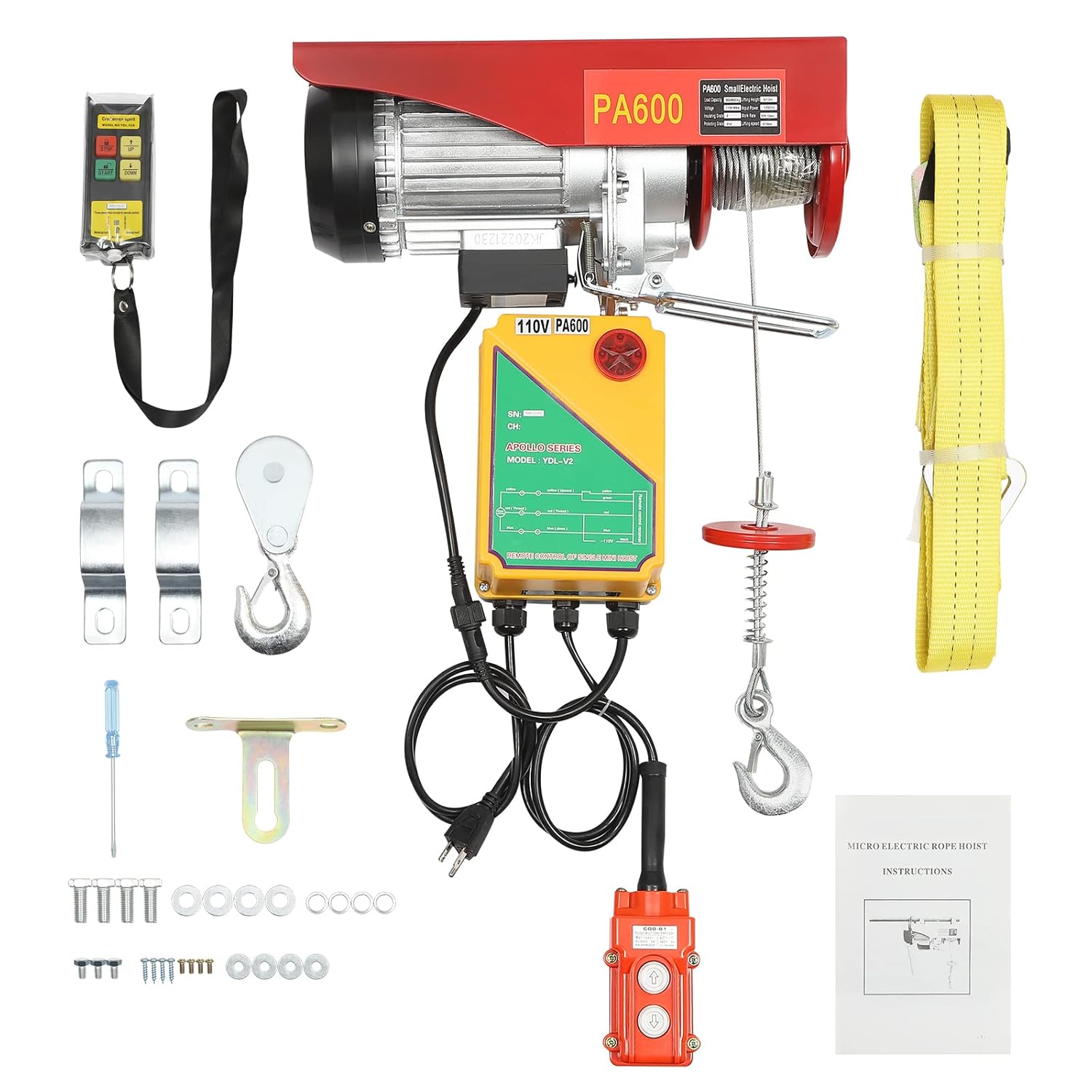 Contents of the QQDETRR PA600 Electric Hoist package, including hoist, remotes, hook, and mounting hardware.