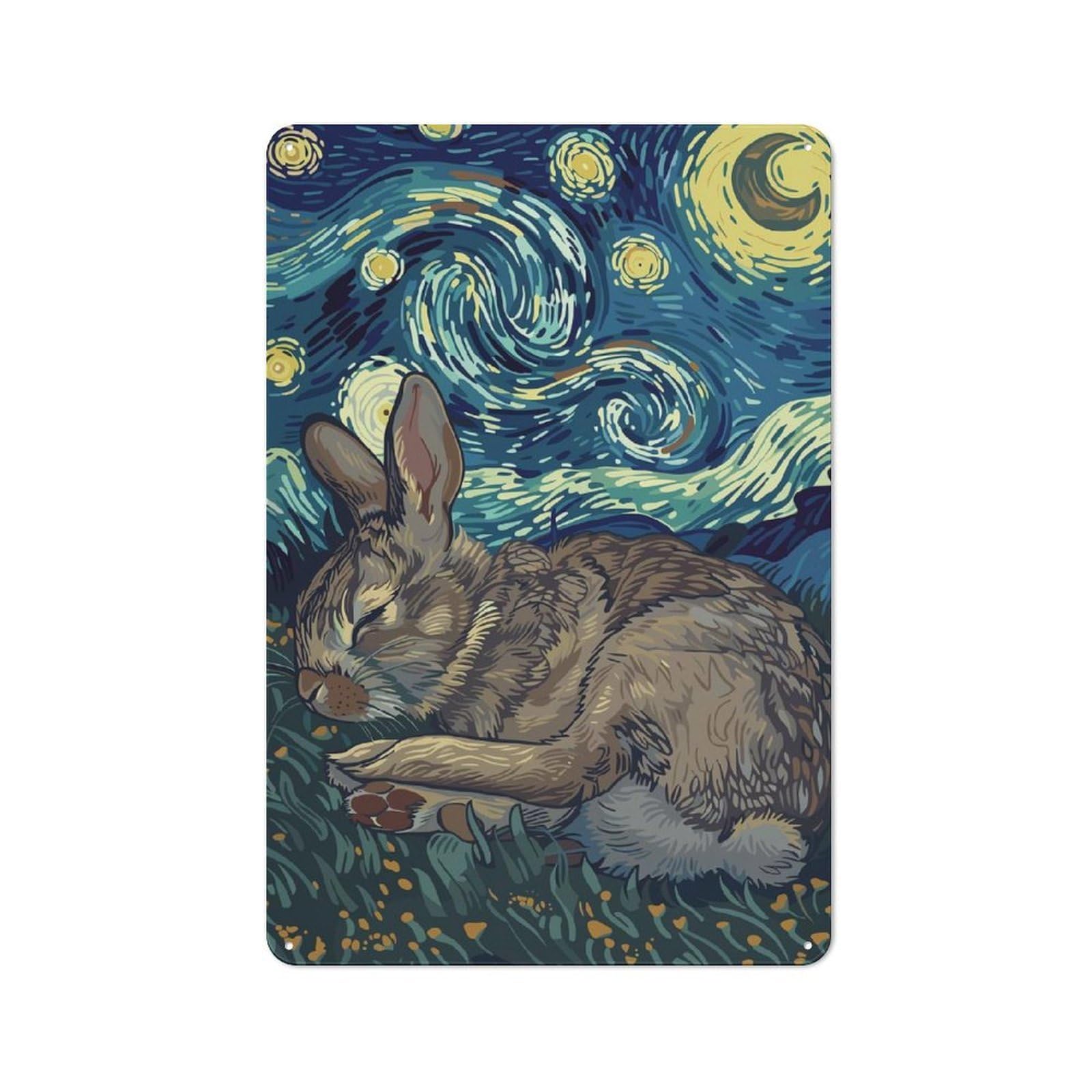 Junmoney Sleeping Rabbit Starry Night Art Metal Wall Plaque 30X20cm, Simple Retro Office Wall Decor For Office, Study, Studio Or Hallway