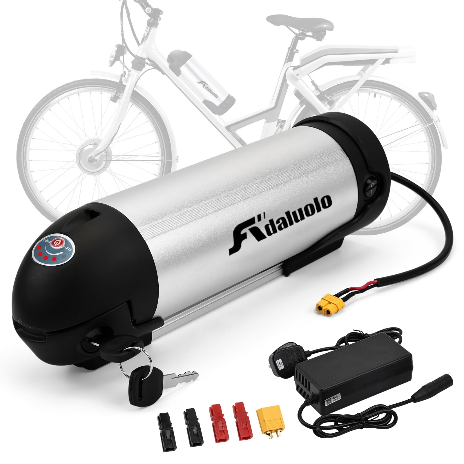 Adaluolo36V Ebike Battery 10AH Water Bottle Electric Bike Battery Silver Removable Electric Lithium Bicycle Batteries with Charger, Indicator Light, Base Holder for 36V 350W 250W 200W Motor