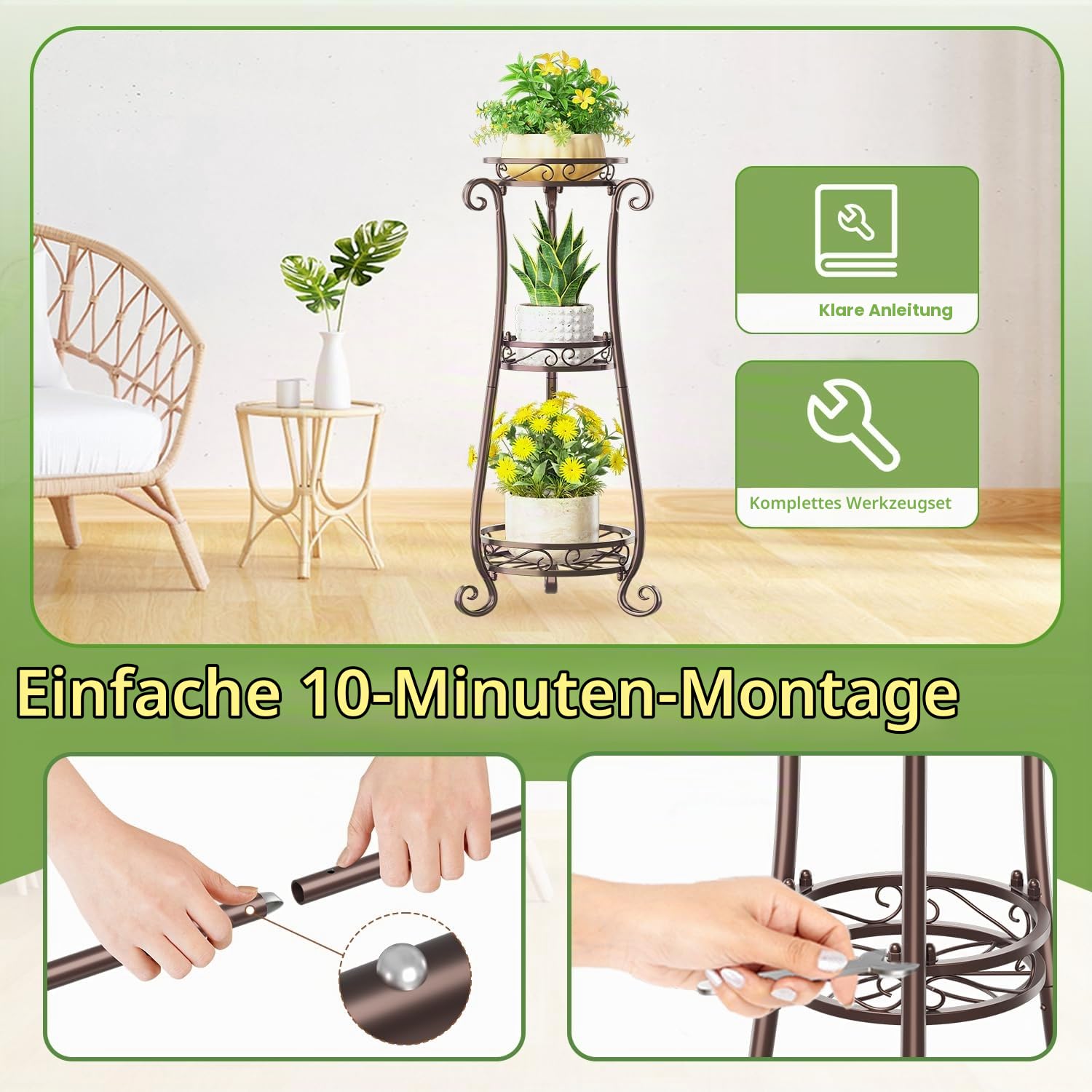 3 Etagen Blumenständer Pflanzenständer Blumenetagere Pflanzenregal aus Metall für große Töpfe Indoor Outdoor, hohes stabiles Blumen Gestell Regal Stand für Balkon Büro Bad Ecke, Bronze