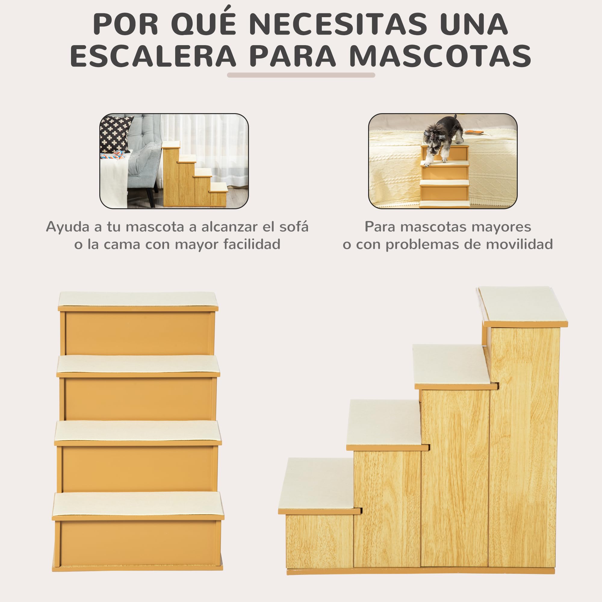 PawHut Escalera para Perros de 4 Peldaños Escalera para Mascotas Escalones para Perros Gatos con Acolchados Desmontables Carga 30 kg para Cama Sofá 40x59x54,2 cm Natural y Crema