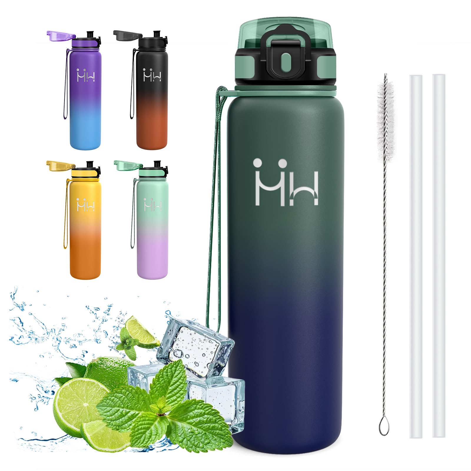 Mujigaga Insulated Water Bottle, 1 Litre Water Bottle, BPA Free, Stainless Steel Water Bottles, Vacuum Insulation, Leak Free, Water Bottles with Straw, with Straw Brush, for Gym, Trekking