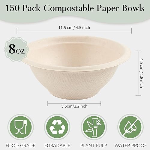 Miniatura 9 de 150 cuencos de papel desechables de 8 onzas cuencos de sopa compostables naturales de caña de azúcar biodegradables para helados postres alimentos