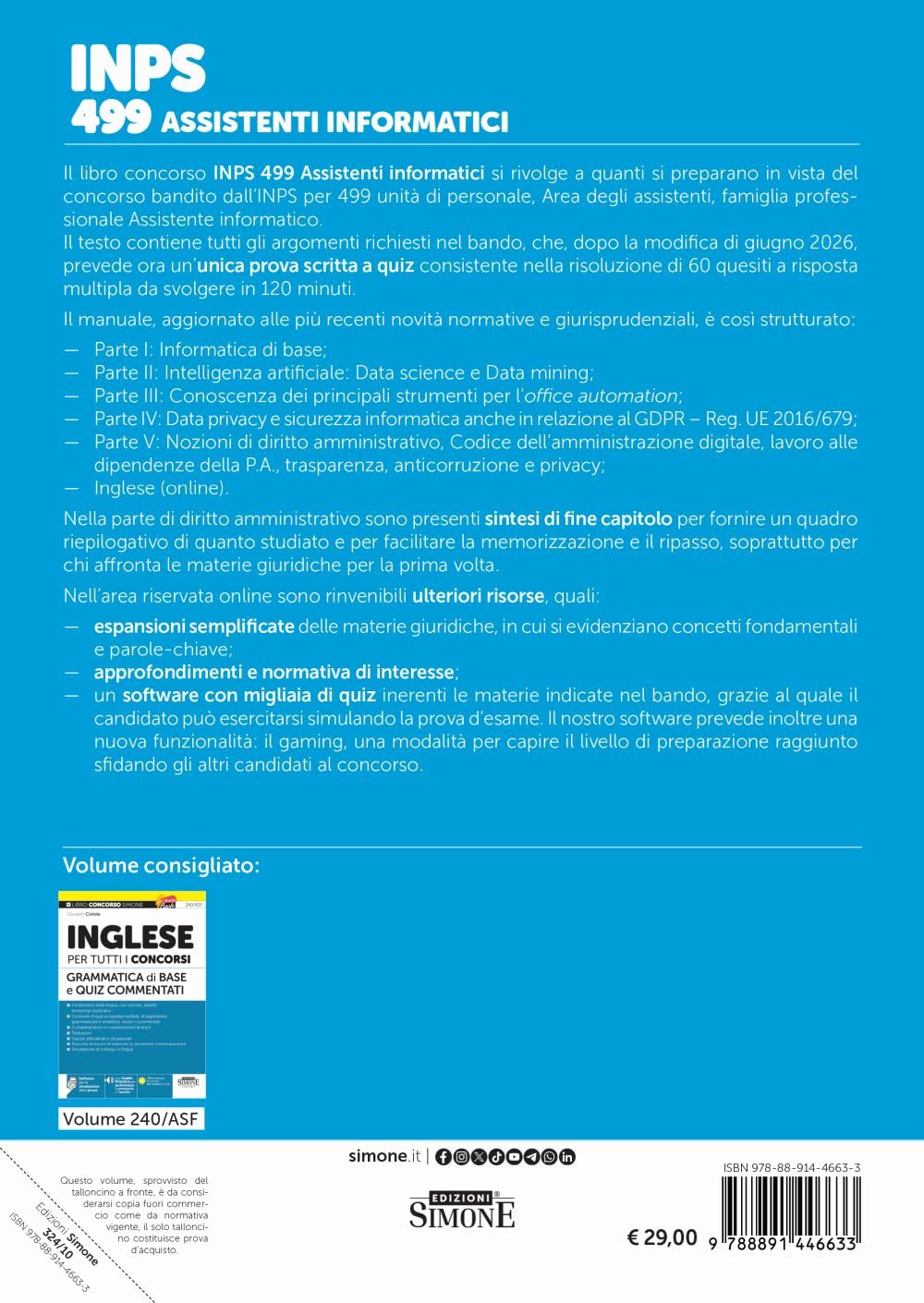 INPS 499 Assistenti informatici. Manuale per la preparazione - Prova scritta unica - Manuale + quiz