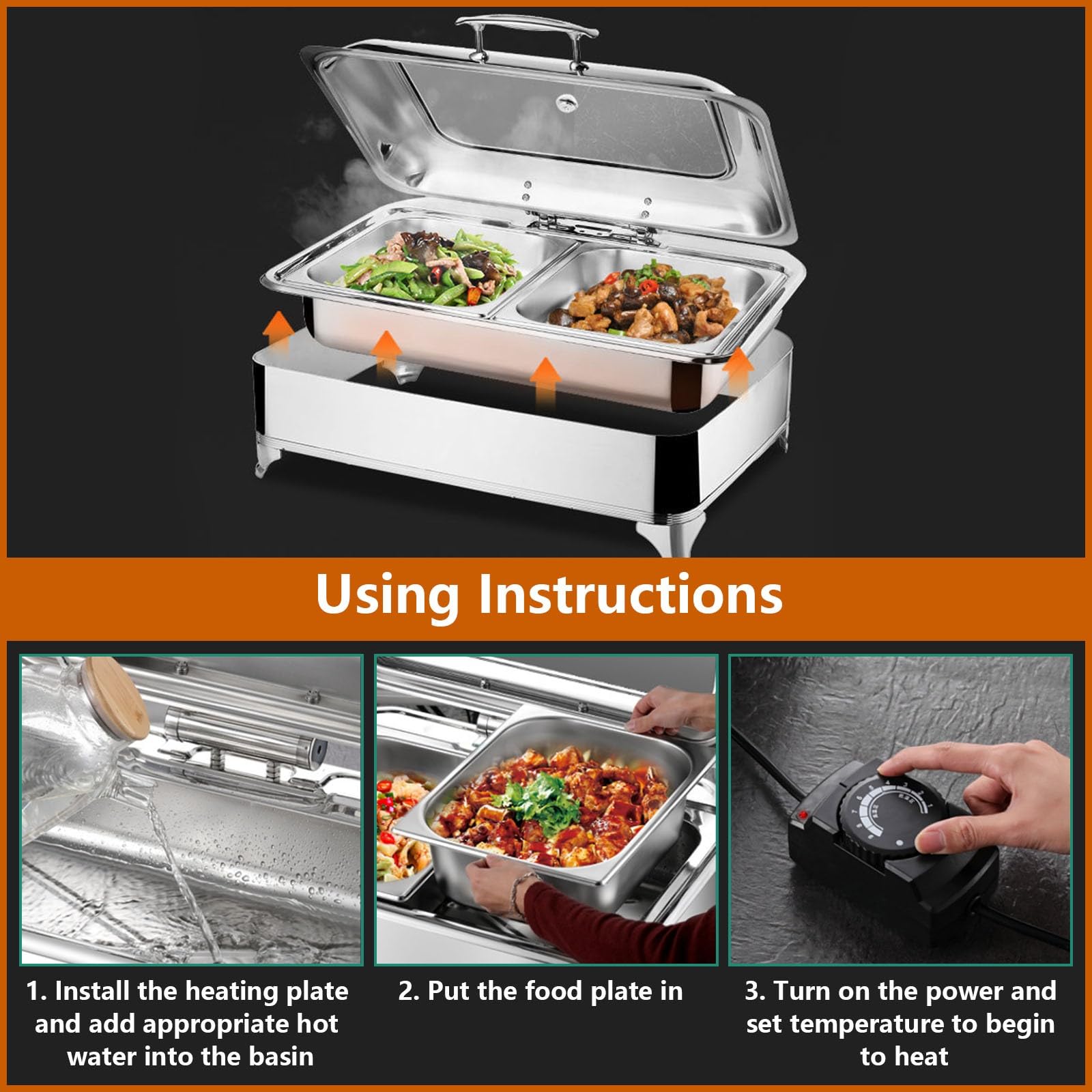 Chafing Dish Elettrico, 9L Scaldavivande Elettrico per Buffet Acciaio Inox, Chafing Dish Buffet Elettrico Temperatura Regolabile con Coperchio Visibile(A, 1/2 PAN)