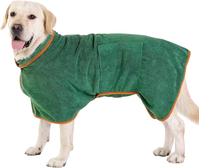 PETTOM Dog Bathrobe Towel Microfiber Water Absorbent Adjustable Dog Drying Coats for Large Dogs, Green Dog Bathrobe Towelling - L:60cm Back Length