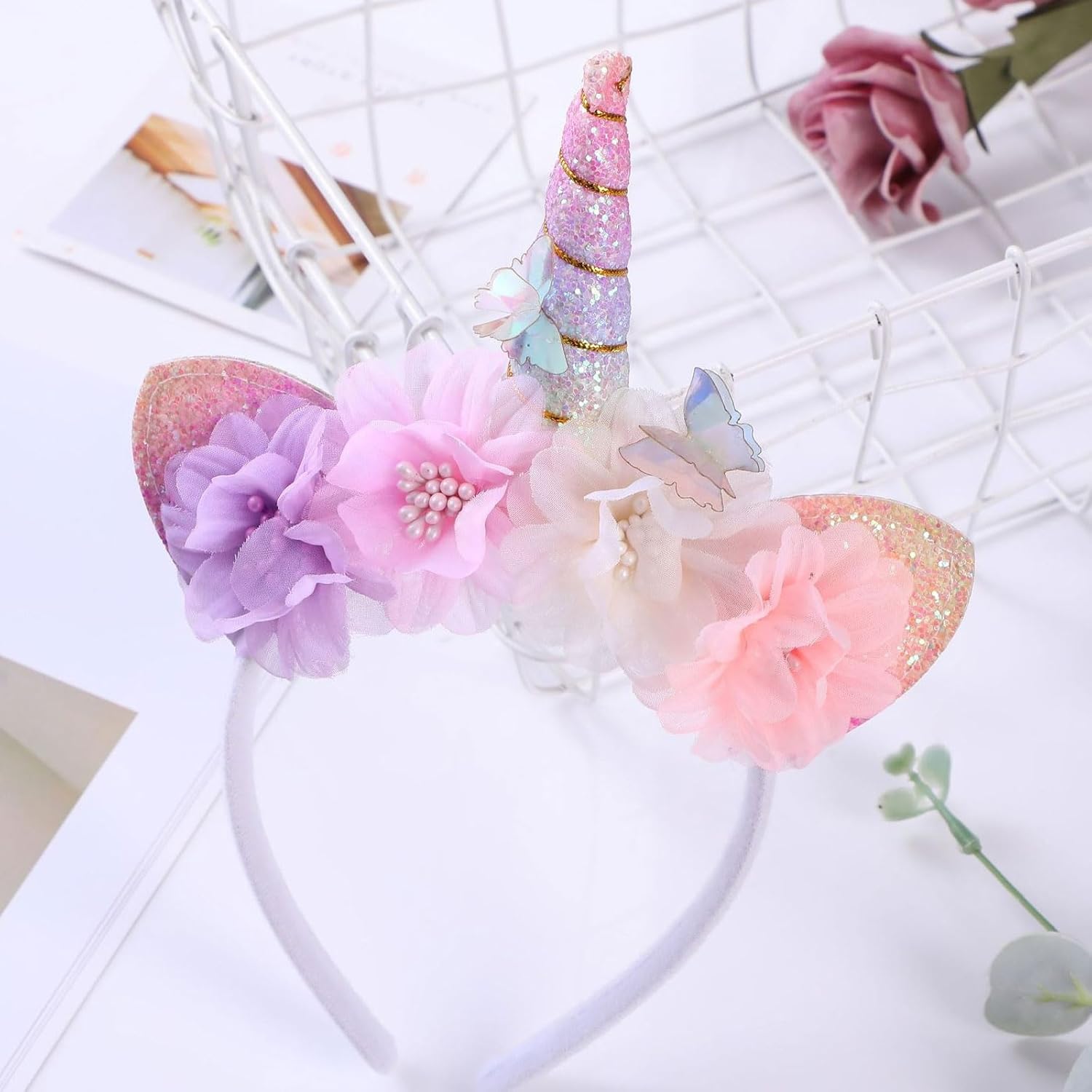 Unicorn Horn Headband - Glitter Pink Flower & Butterfly Unicorn Ears Hairband – Women's Magical Floral Hair Accessory for Women Halloween Christmas Cosplay & Birthday - Image 3