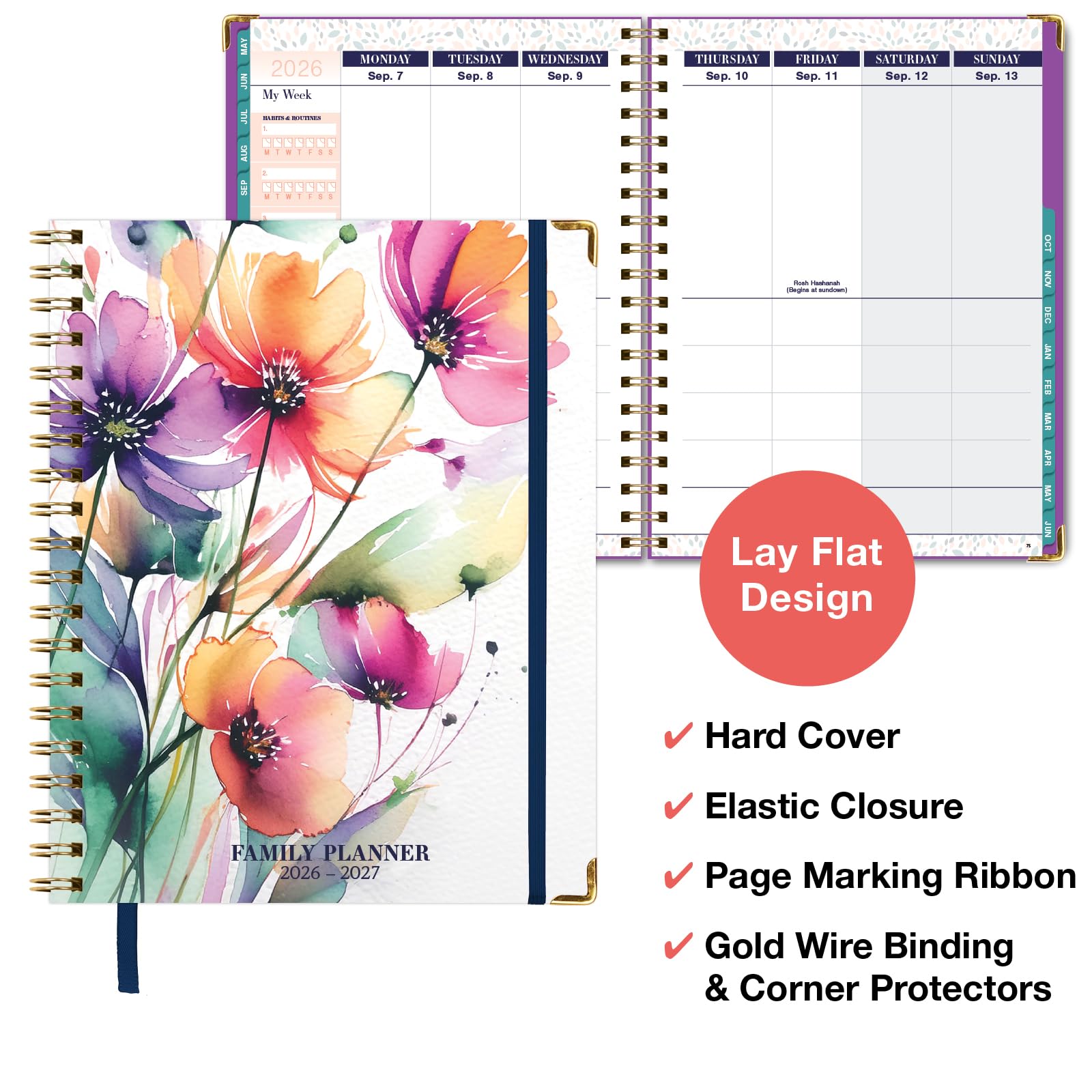 FAMILY PLANNER ORGANIZER – 8.5" x 11" Weekly & Monthly Calendar (May 2026-Jun 2026). 5+ People, Meal Planning, Budgeting, Habit Tracker – Hardcover, Household Schedule Organizer for Parents, Kids, & Caregivers (Rainbow Floral)