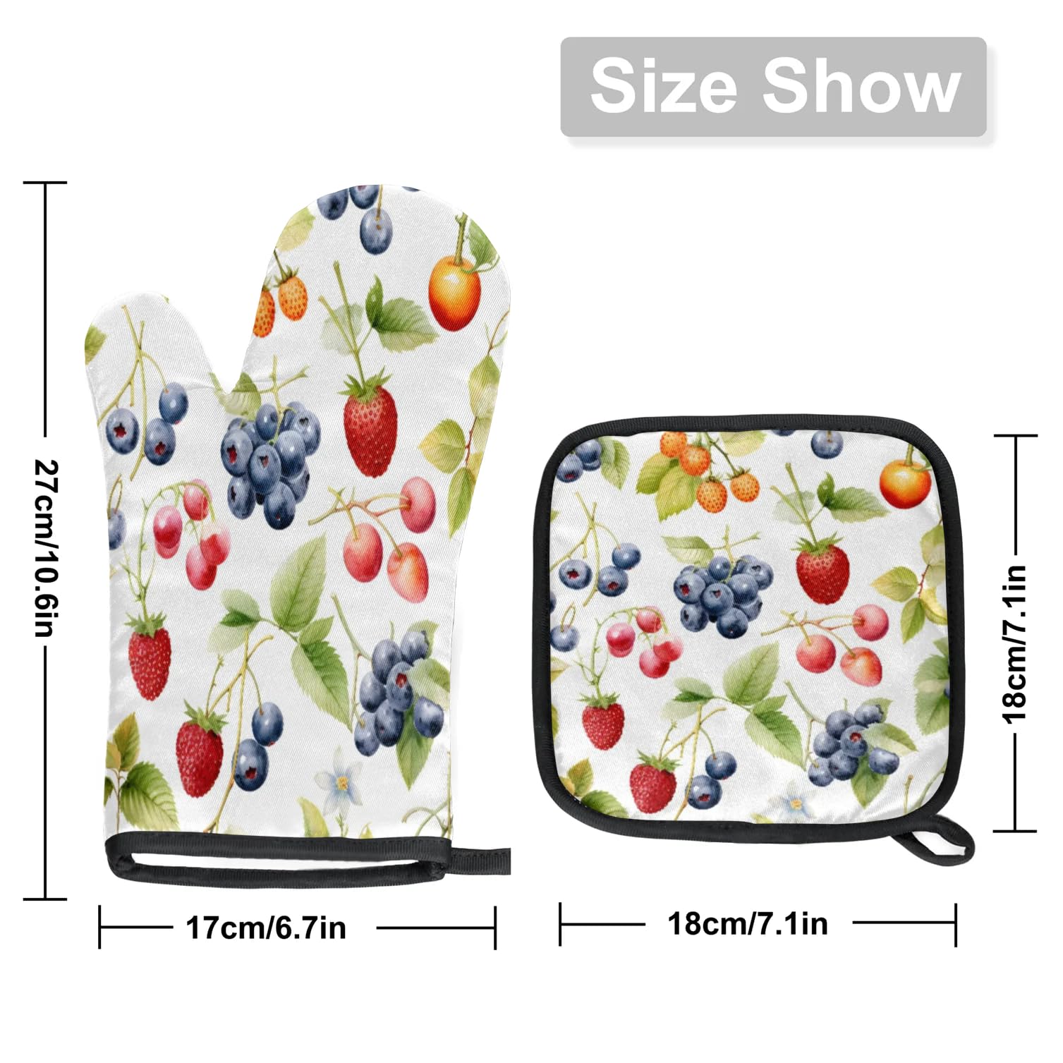 Grape Strawberry Cherry Oven Mitts Kitchen Oven Gloves for Cooking Baking Heat Proof Lining Cotton Kitchen Potholder Mittens Pot Holders Hot Pads for Chef Women Men
