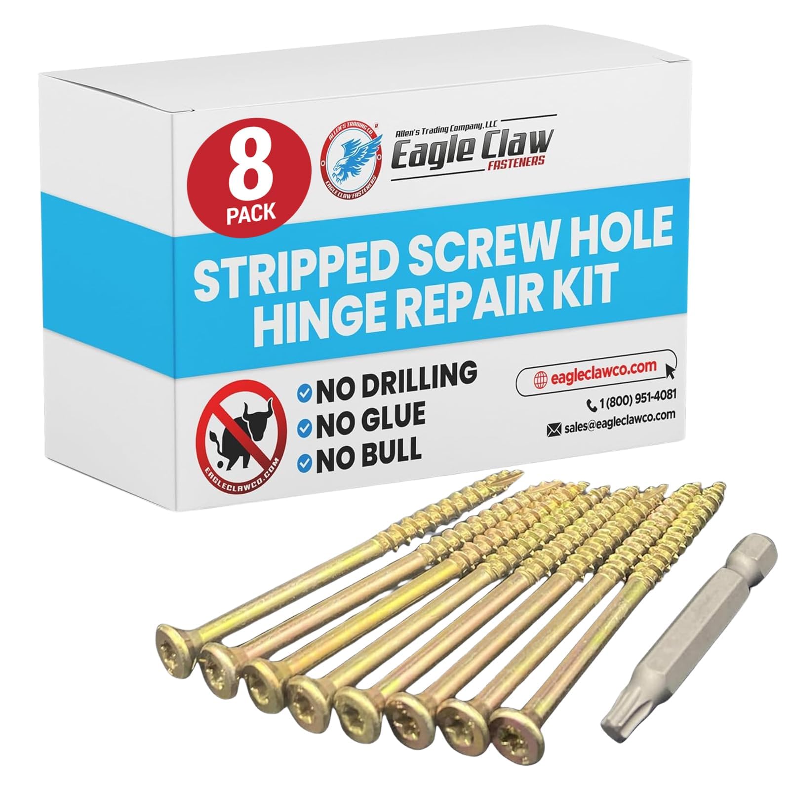 Easy DIY Stripped Screw Hole Repair Kit | Door Hinge Repair Kit No Pre-Drilling or Glue Required | Includes 8 x #9 x 3 Inch Star No-Strip Torx Drive Screws and 2" Driver | All You Need is a Drill