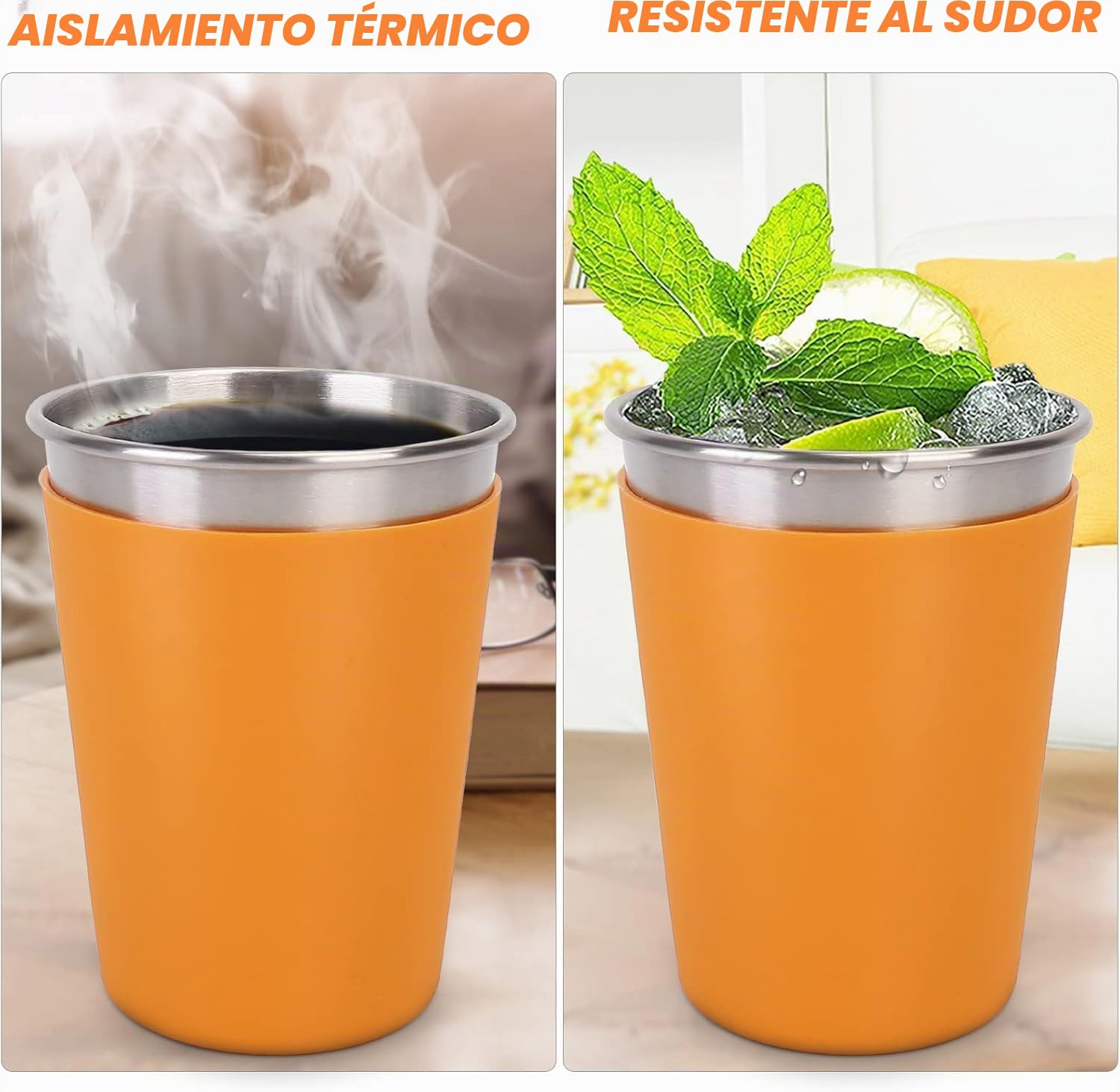 KAHEIGN 6 Piezas Vasos de Acero Inoxidable con Tapas y Pajitas, 360ml Niños Vaso Irrompible Taza de Viaje Reutilizable Taza para Café Helado con Silicona Fundas Extraíbles para Bebidas Frías Calientes