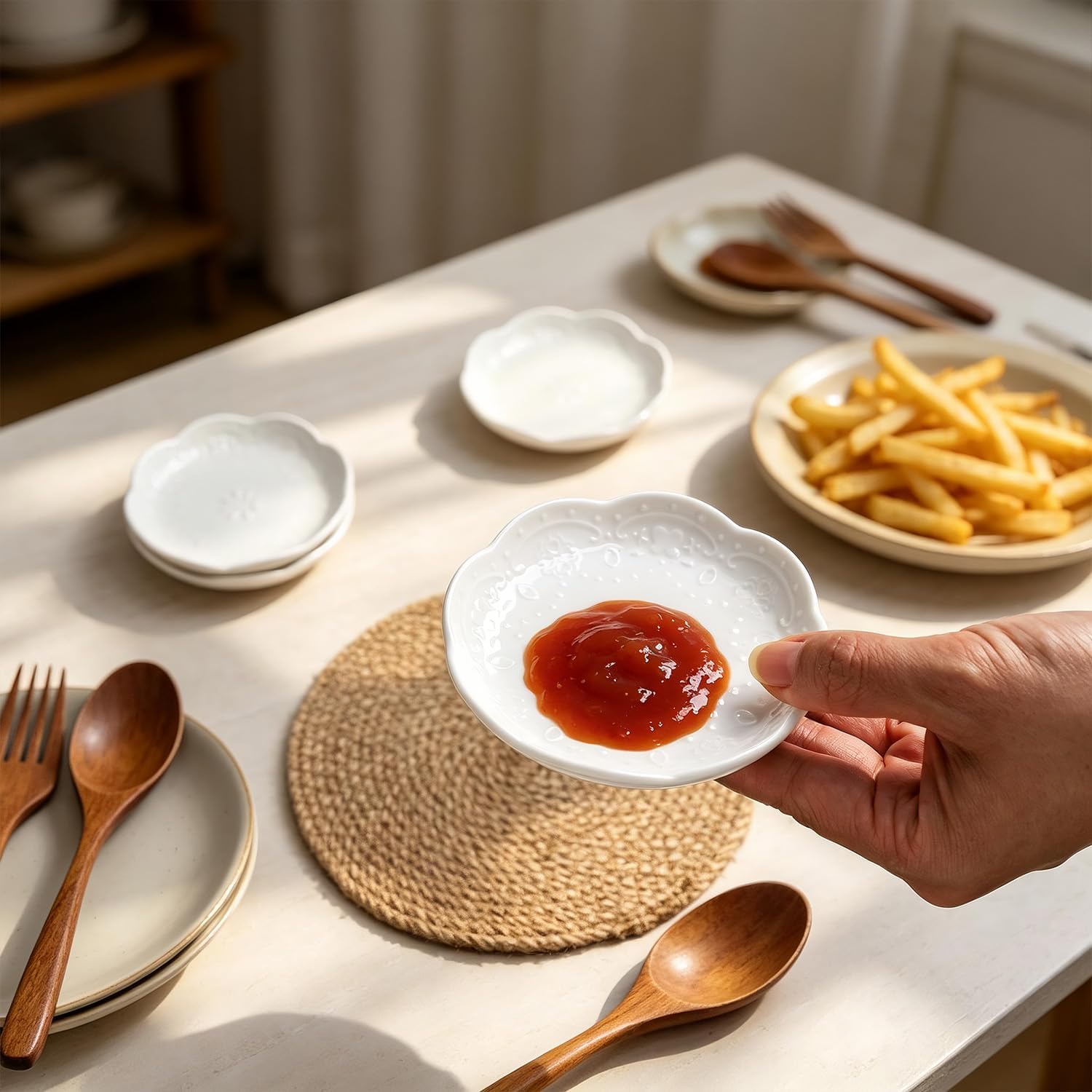 Sizikato 4pcs White Porcelain Appetizer Plate, 3.5-Inch Sauce Plate, Lace Embossed