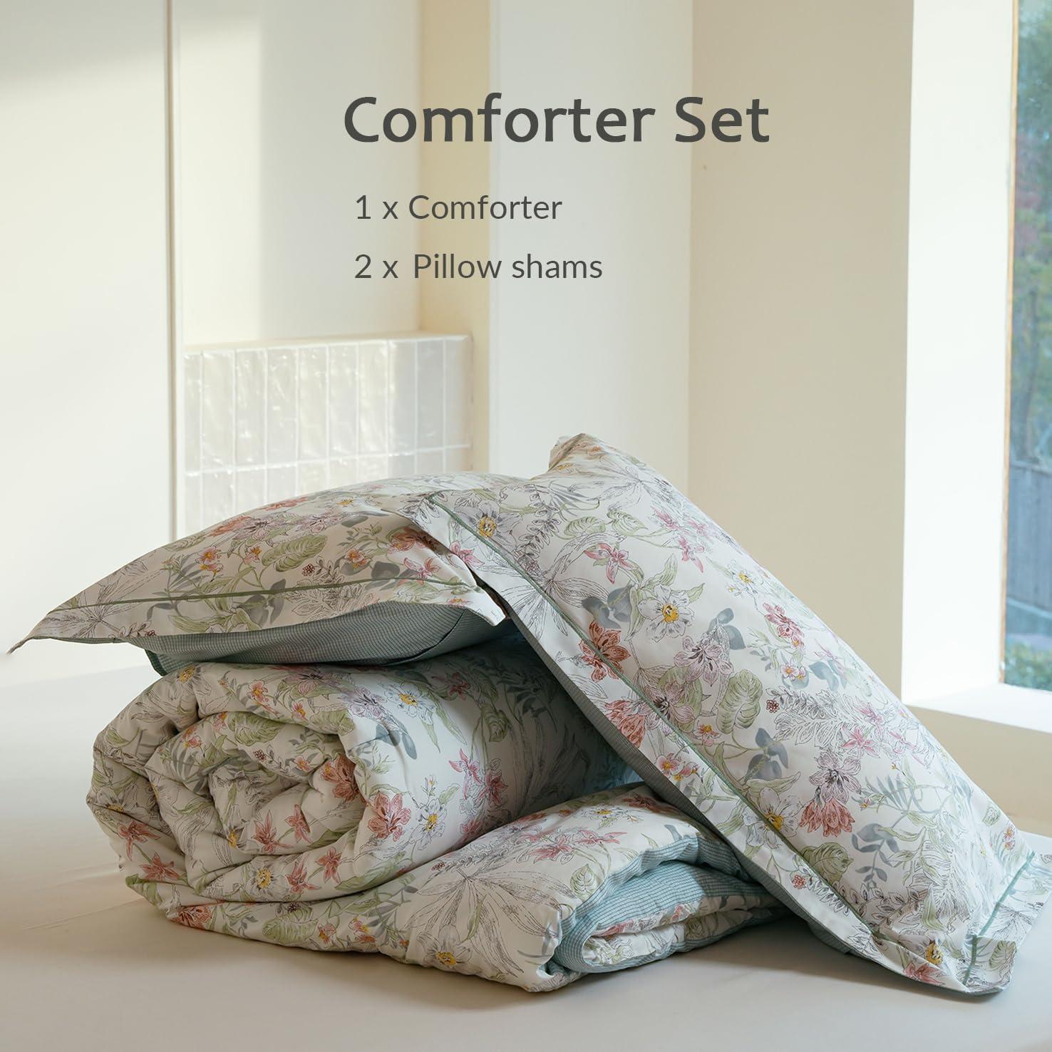 Comforter Queen Size - 100% Cotton Floral Reversible Lightweight Comforter Set, Soft and Breathable Bedding Set for All Season, 3 Pieces, 90"x90"