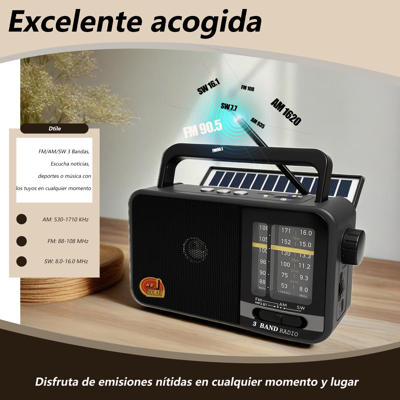 Transistor Radio Portatil con Panel Solar y Batería de 1200 mAh, Receptor Am/FM/SW con Altavoz de 8W/TWS/USB/Tarjeta TF, Radio Solar Pequeña Ideal para Camping, Emergencia y Exteriores (Gris)