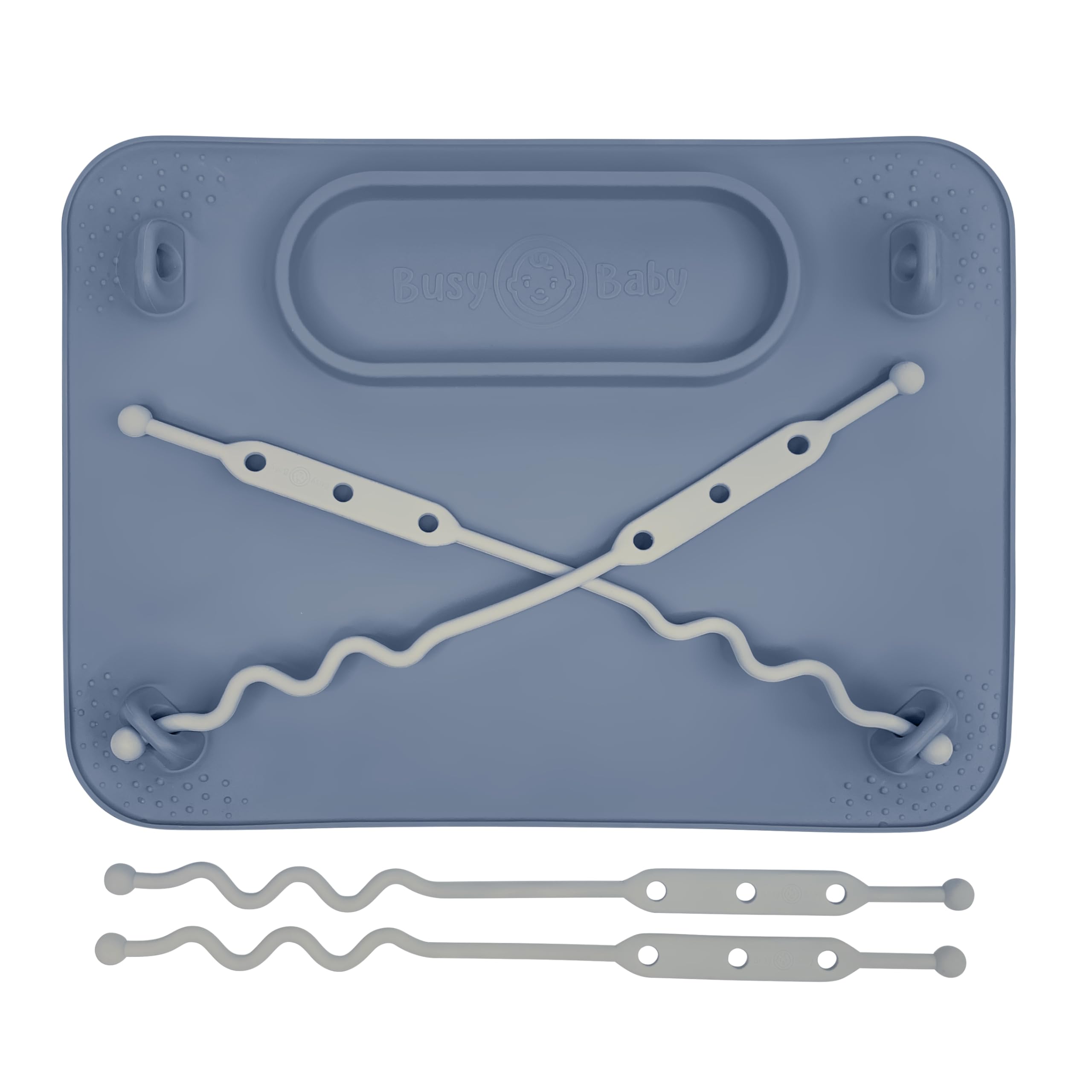 BUSY BABY Silicone Mat - New and Improved Suction Cups, 4 Straps to Secure Baby Essentials, Self Feeding, Baby Led Weaning, Travel Sleeve Included (Pewter)