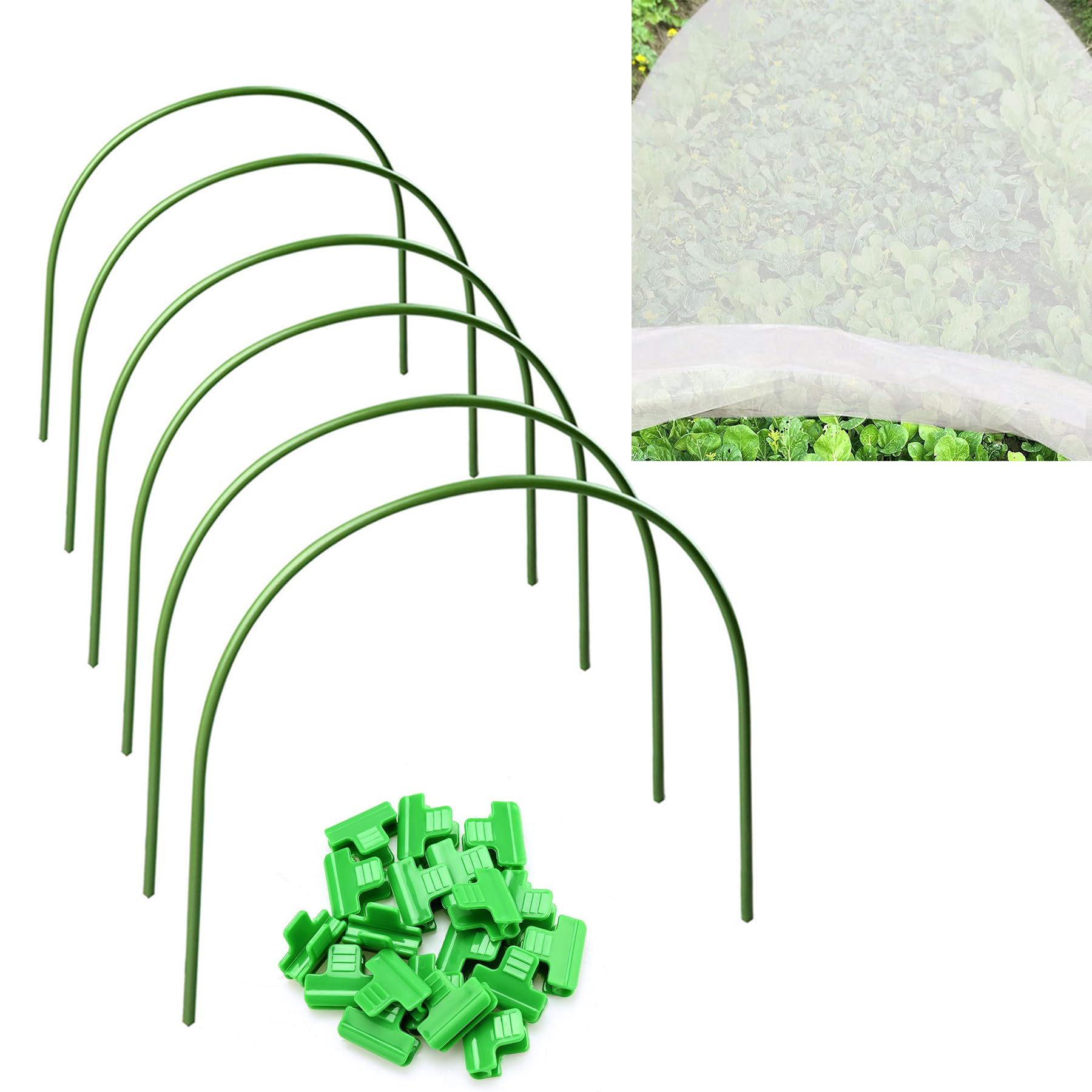 RustFree - Arceaux de serre en acier avec revêtement en plastique - 1,2 m - Piquets de support de jardin pour parterres surélevés, tunnel de culture, filet et 6 arceaux 24 clips et filet de jardin