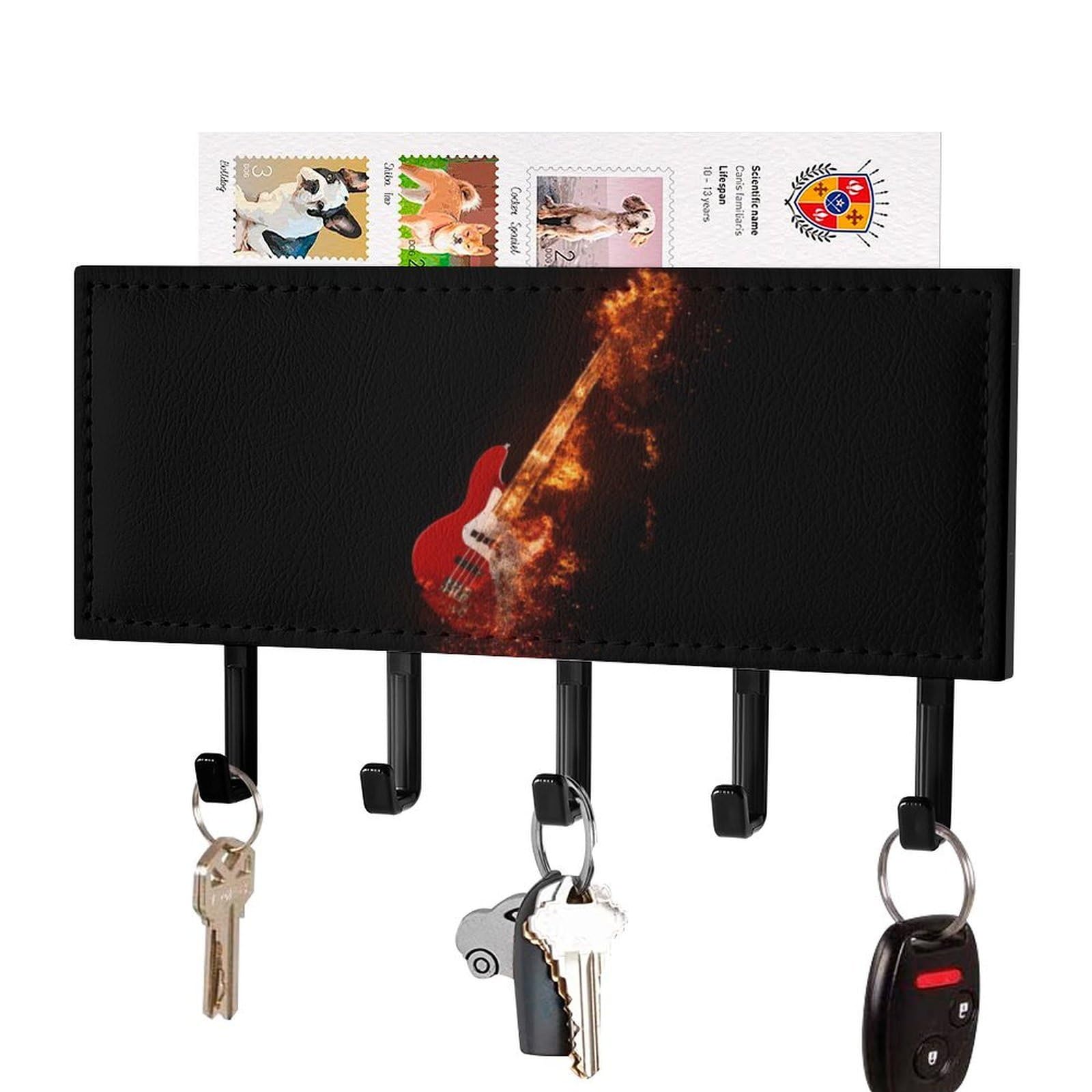 NCLQVJXZKHW Epic Rock Bass Guitar on Fire Key Holder with 5 Hooks Key Hooks Wall Mounted Key Racks Key Hanger Organiser Shelf